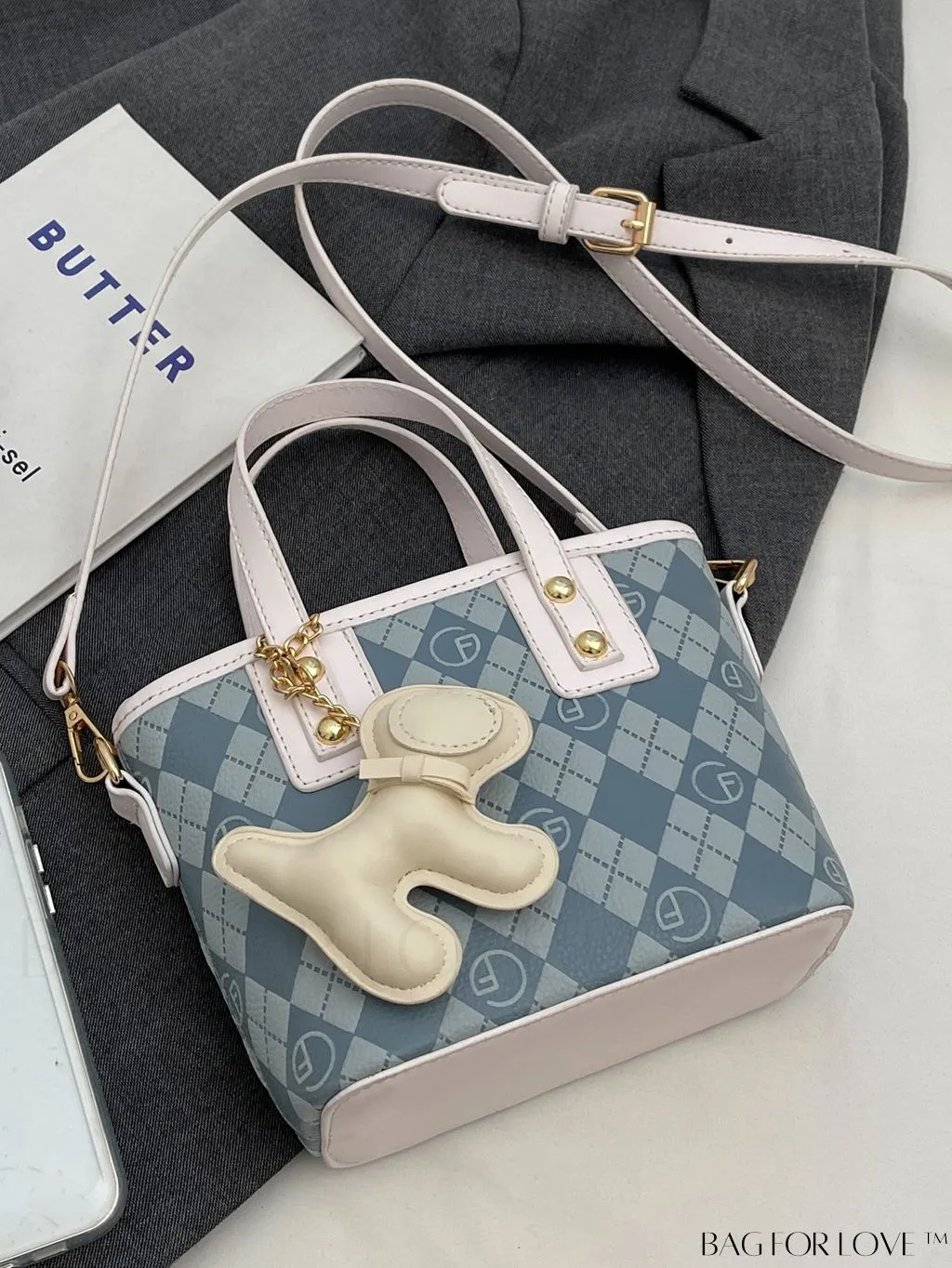 BagForLove - Compact Bucket Bag with Embossed Letter Design, Dual Handles, Contrast Binding & Bag Charm