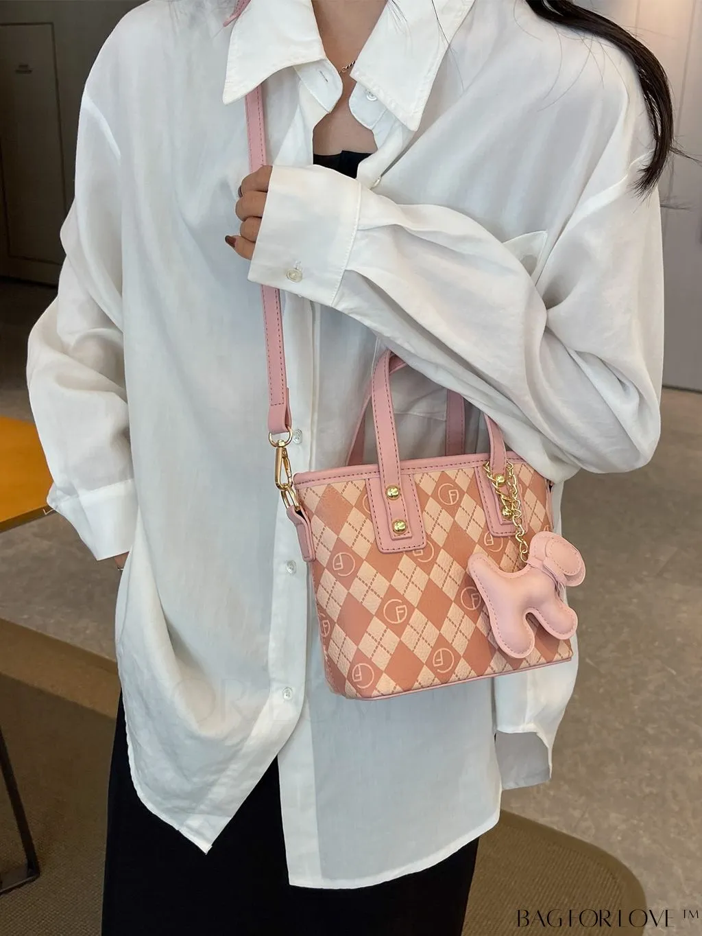 BagForLove - Compact Bucket Bag with Embossed Letter Design, Dual Handles, Contrast Binding & Bag Charm