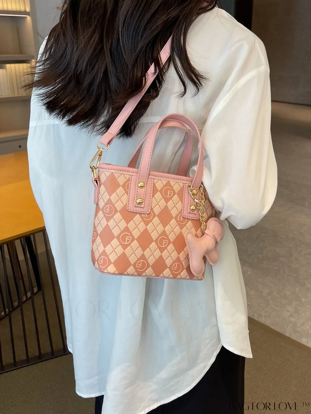 BagForLove - Compact Bucket Bag with Embossed Letter Design, Dual Handles, Contrast Binding & Bag Charm