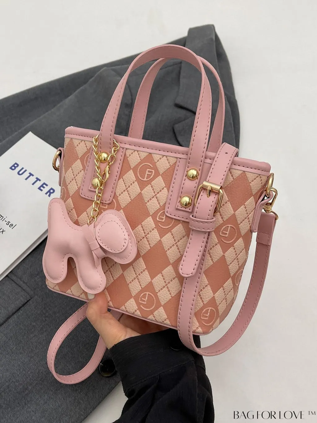 BagForLove - Compact Bucket Bag with Embossed Letter Design, Dual Handles, Contrast Binding & Bag Charm
