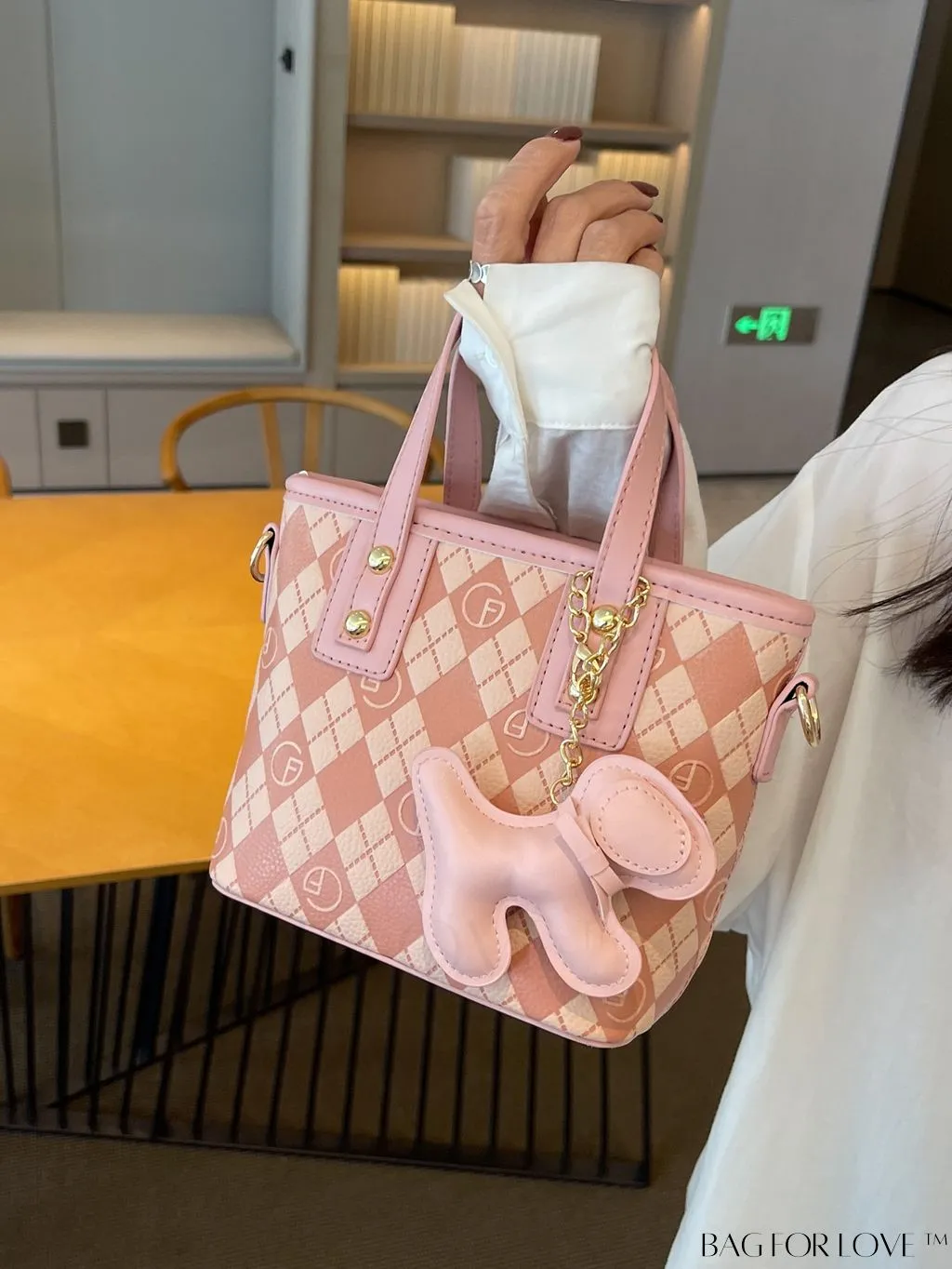 BagForLove - Compact Bucket Bag with Embossed Letter Design, Dual Handles, Contrast Binding & Bag Charm