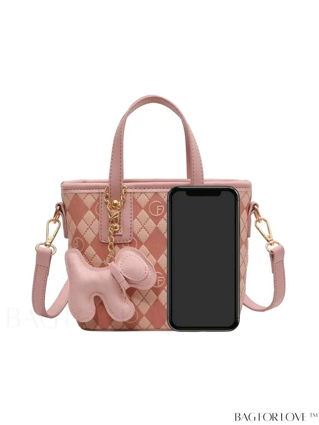BagForLove - Compact Bucket Bag with Embossed Letter Design, Dual Handles, Contrast Binding & Bag Charm