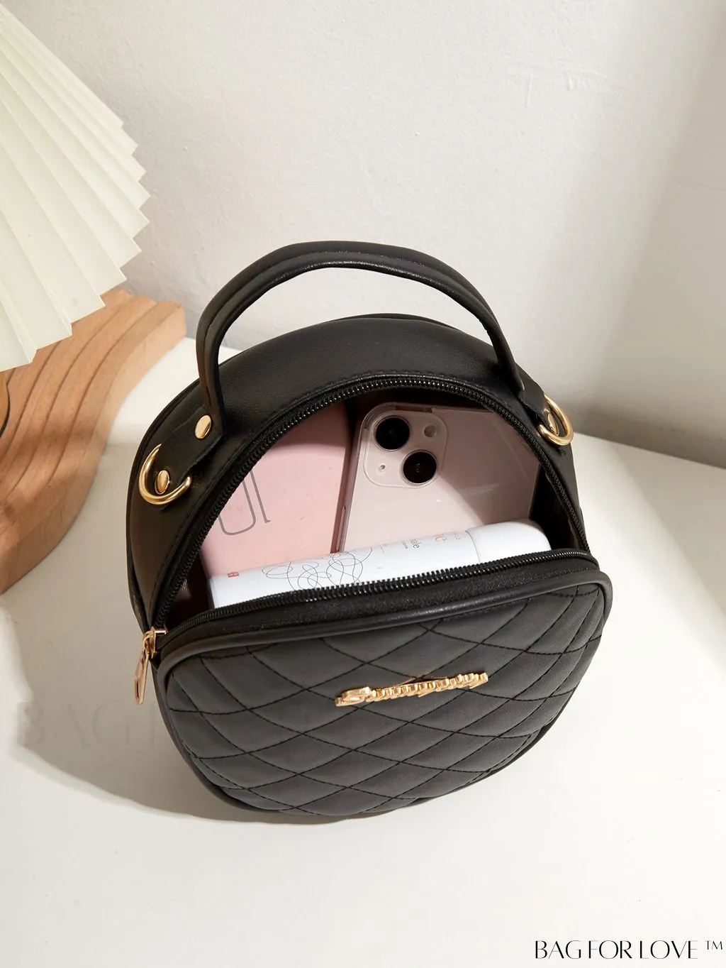 BagForLove - Compact Quilted Circle Bag with Mini Letter Graphics