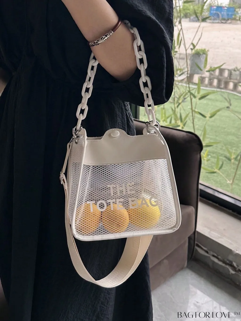 BagForLove - Compact Transparent Bucket Bag with Chic Letter Graphic and Chain Strap