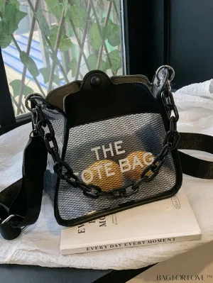 BagForLove - Compact Transparent Bucket Bag with Chic Letter Graphic and Chain Strap
