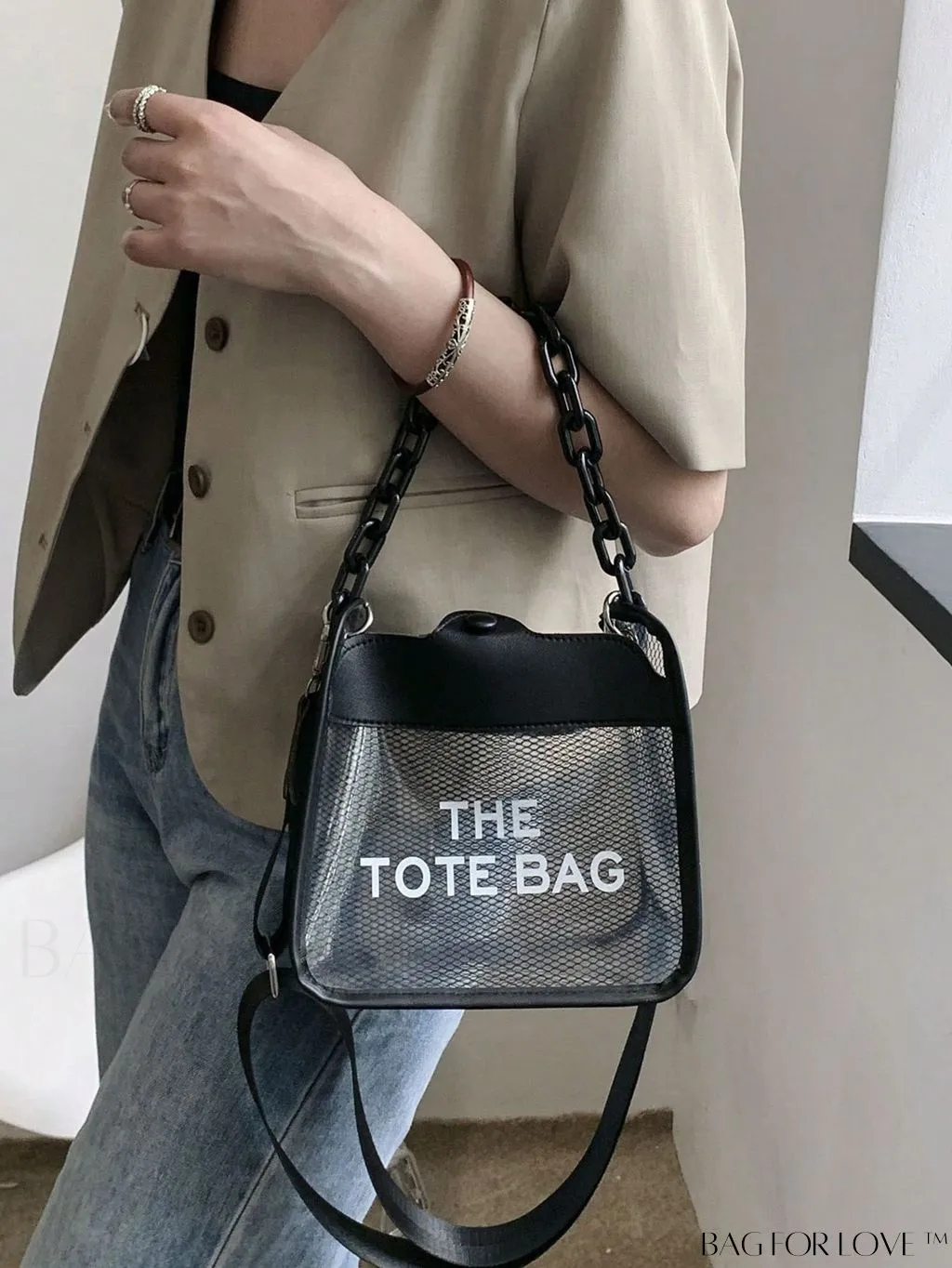 BagForLove - Compact Transparent Bucket Bag with Chic Letter Graphic and Chain Strap