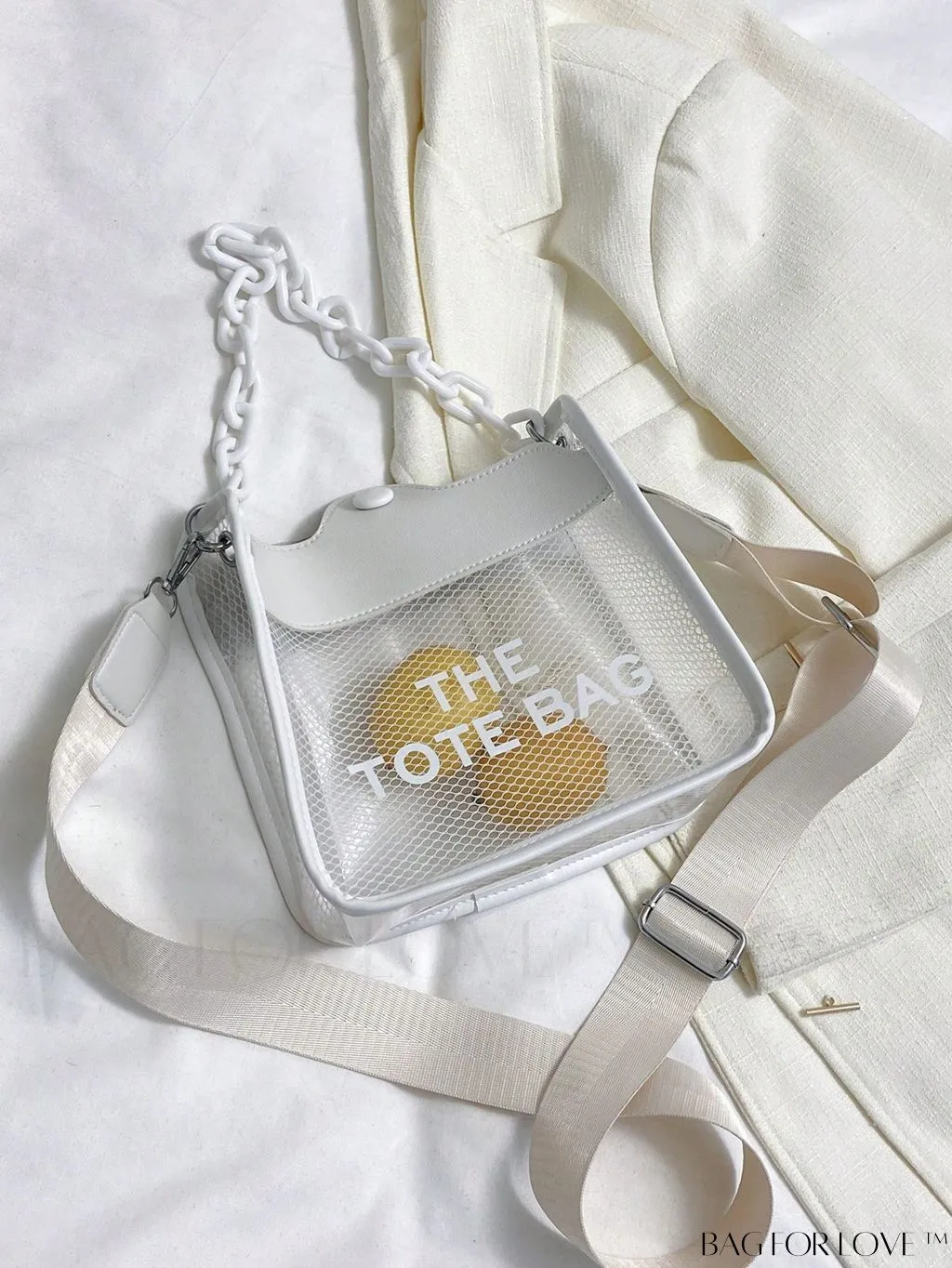 BagForLove - Compact Transparent Bucket Bag with Chic Letter Graphic and Chain Strap