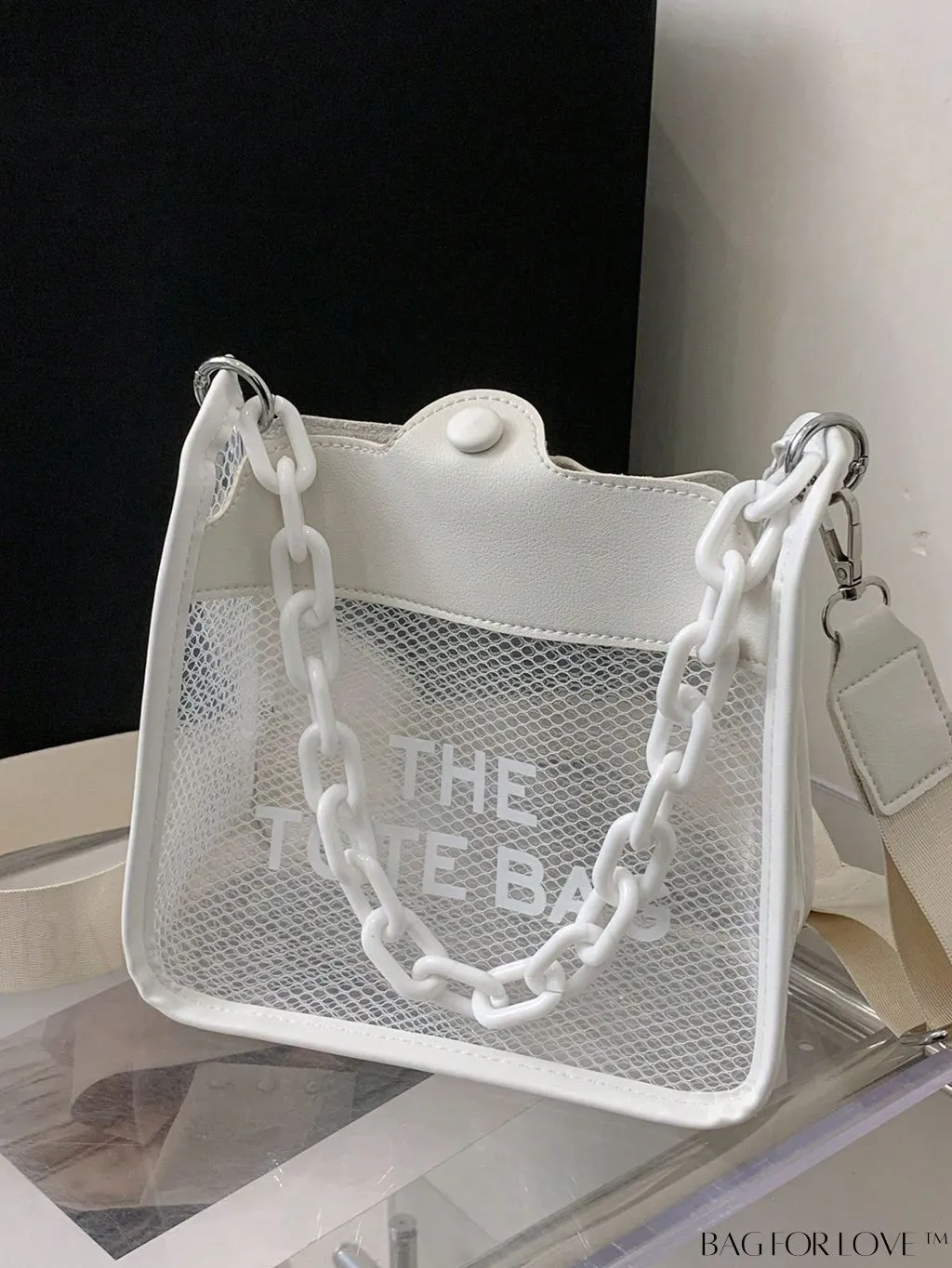 BagForLove - Compact Transparent Bucket Bag with Chic Letter Graphic and Chain Strap