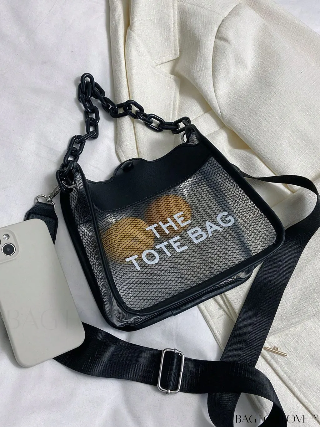 BagForLove - Compact Transparent Bucket Bag with Chic Letter Graphic and Chain Strap