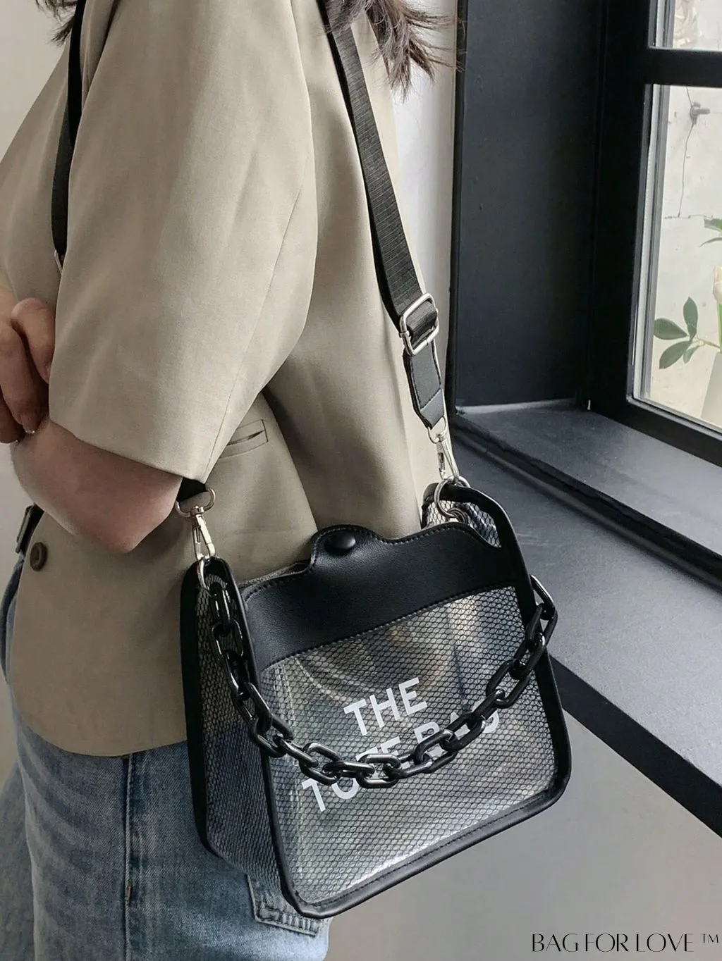 BagForLove - Compact Transparent Bucket Bag with Chic Letter Graphic and Chain Strap