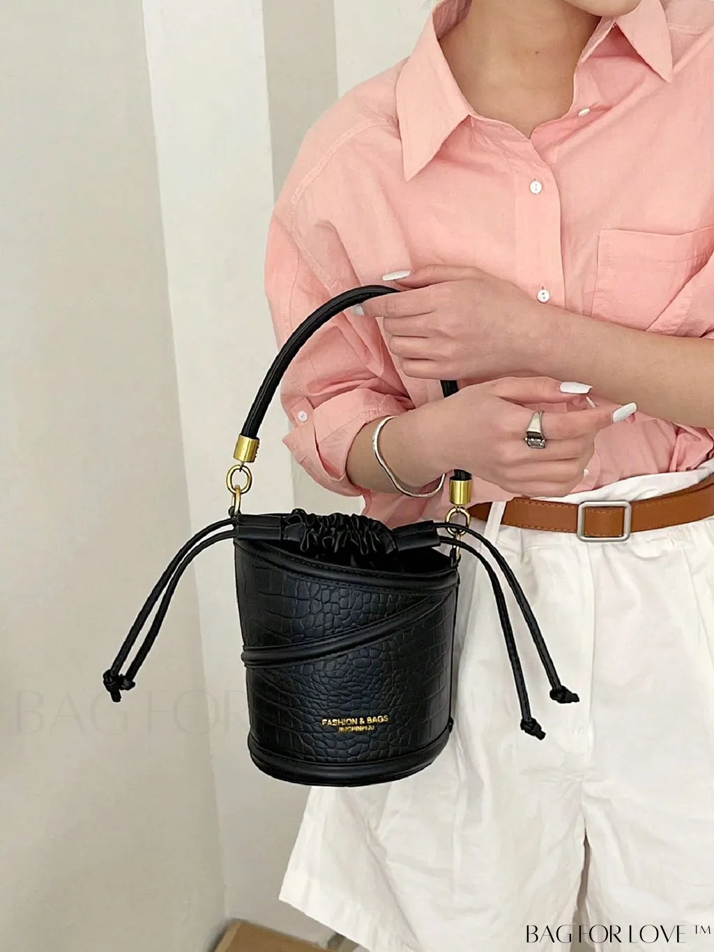 BagForLove - Crocodile Embossed Drawstring Mini Bucket Bag - Stylish and Compact