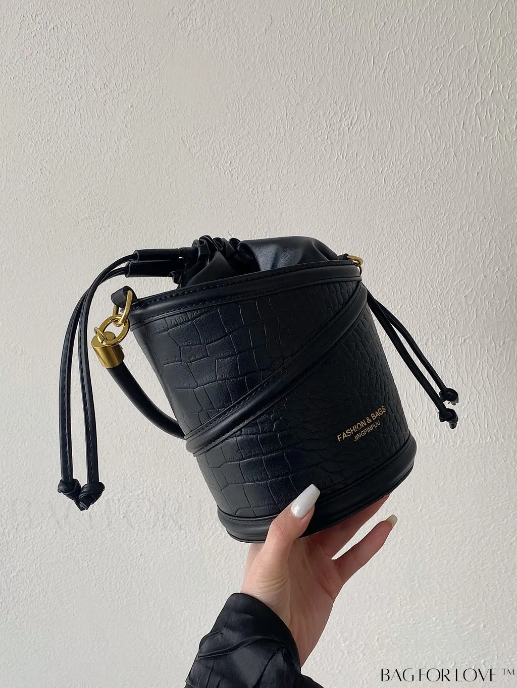 BagForLove - Crocodile Embossed Drawstring Mini Bucket Bag - Stylish and Compact