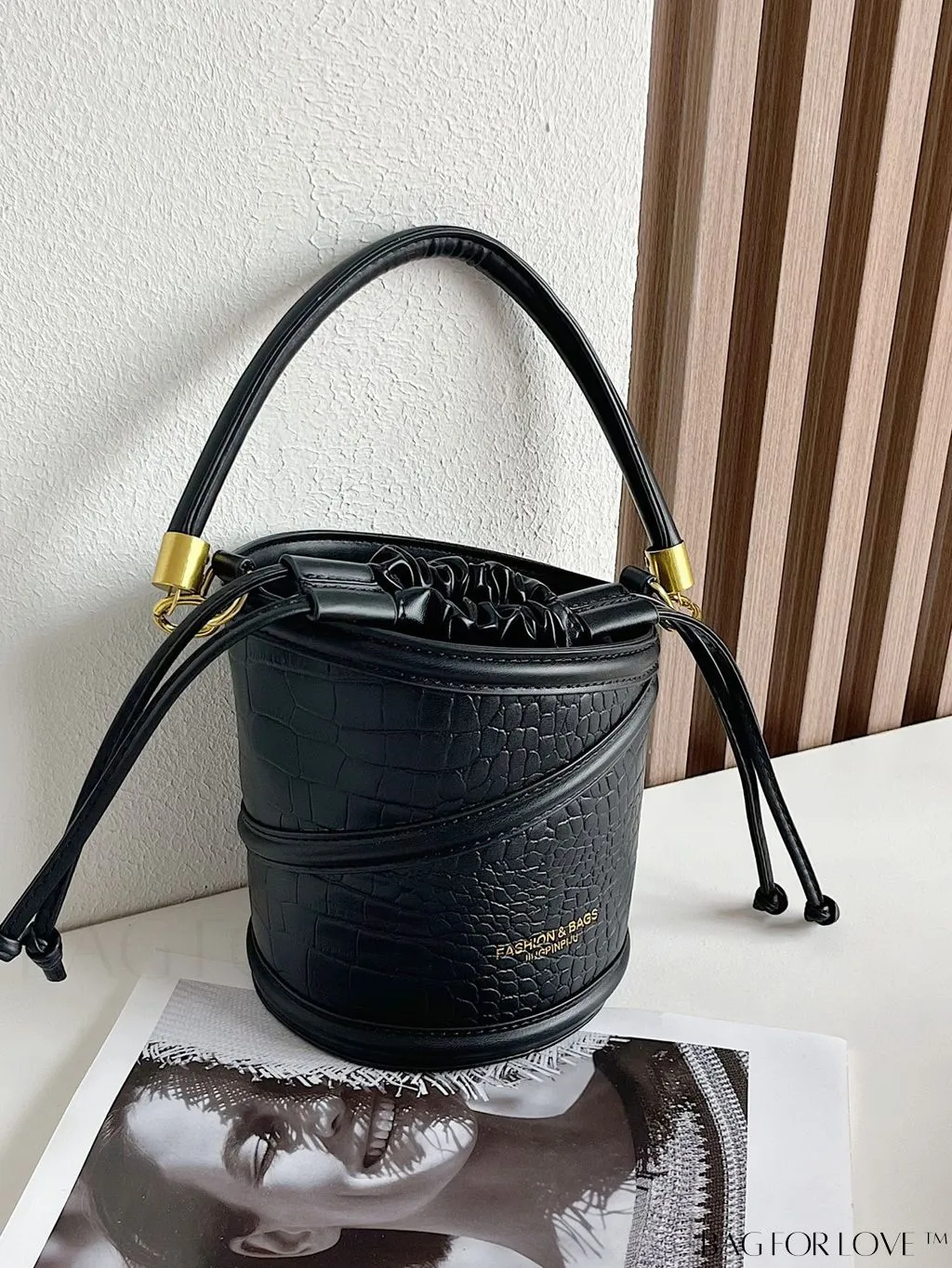 BagForLove - Crocodile Embossed Drawstring Mini Bucket Bag - Stylish and Compact