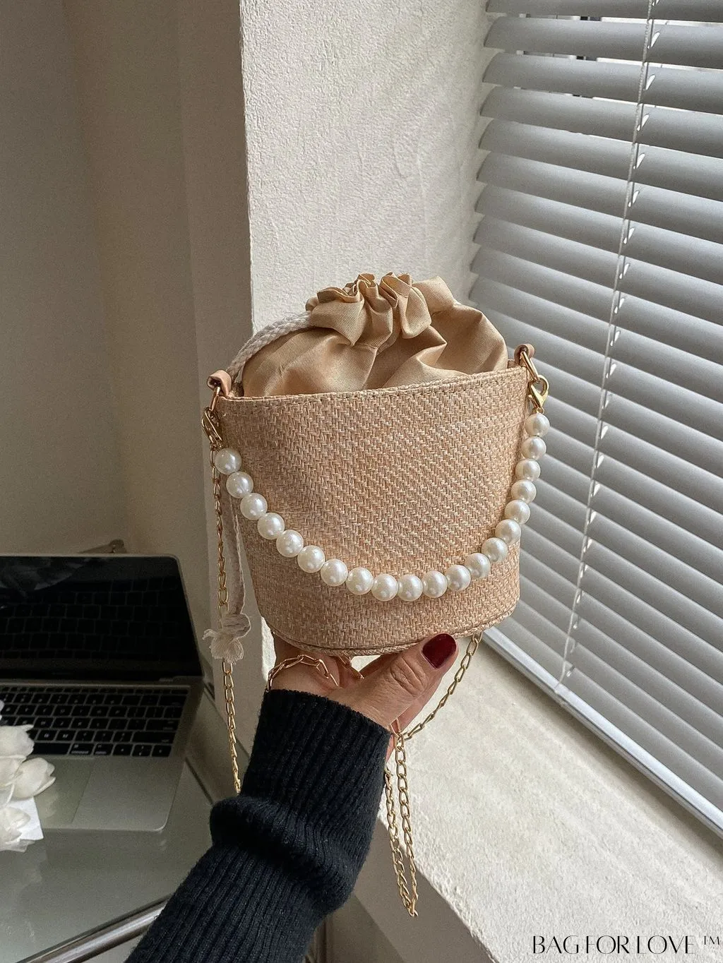 BagForLove - Drawstring Bucket Bag with Mini Faux Pearls Decoration