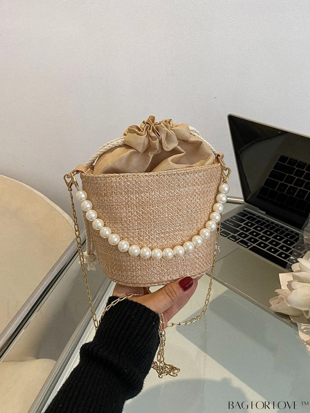 BagForLove - Drawstring Bucket Bag with Mini Faux Pearls Decoration