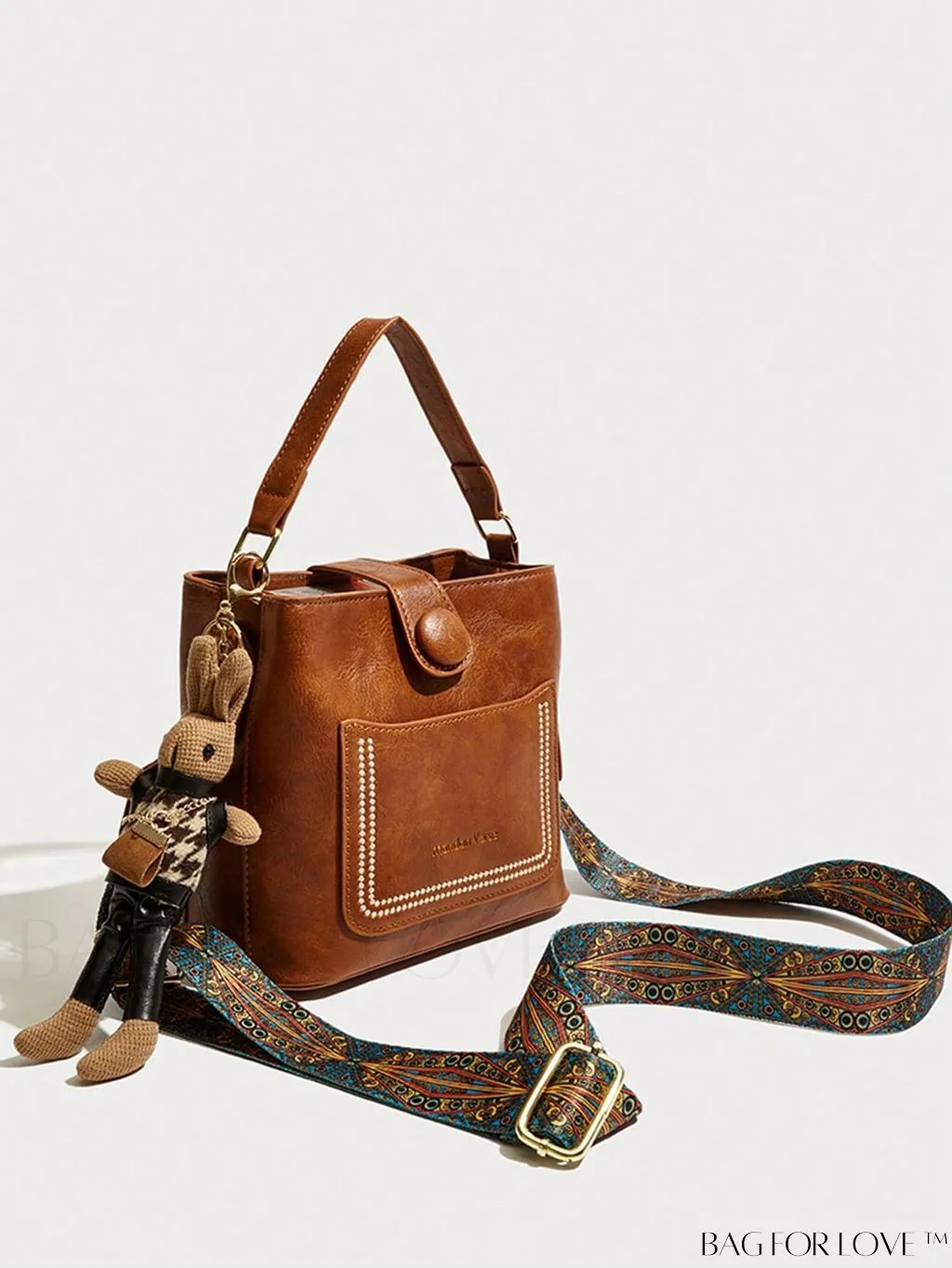 BagForLove - Embroidered Mini Bucket Bag with Graphic Letter Detail and Bag Charm