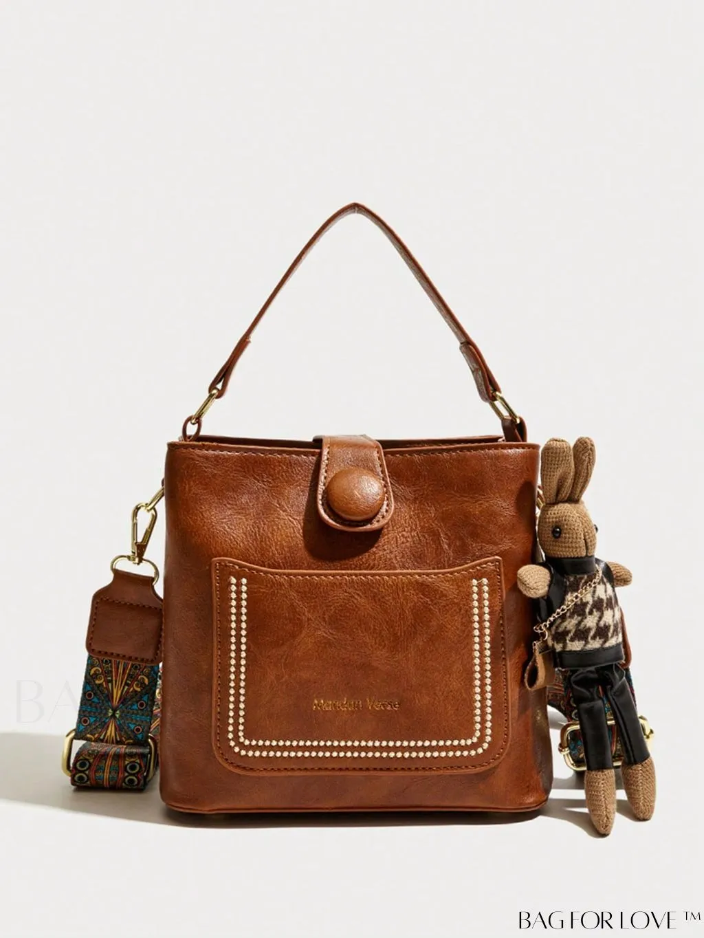 BagForLove - Embroidered Mini Bucket Bag with Graphic Letter Detail and Bag Charm