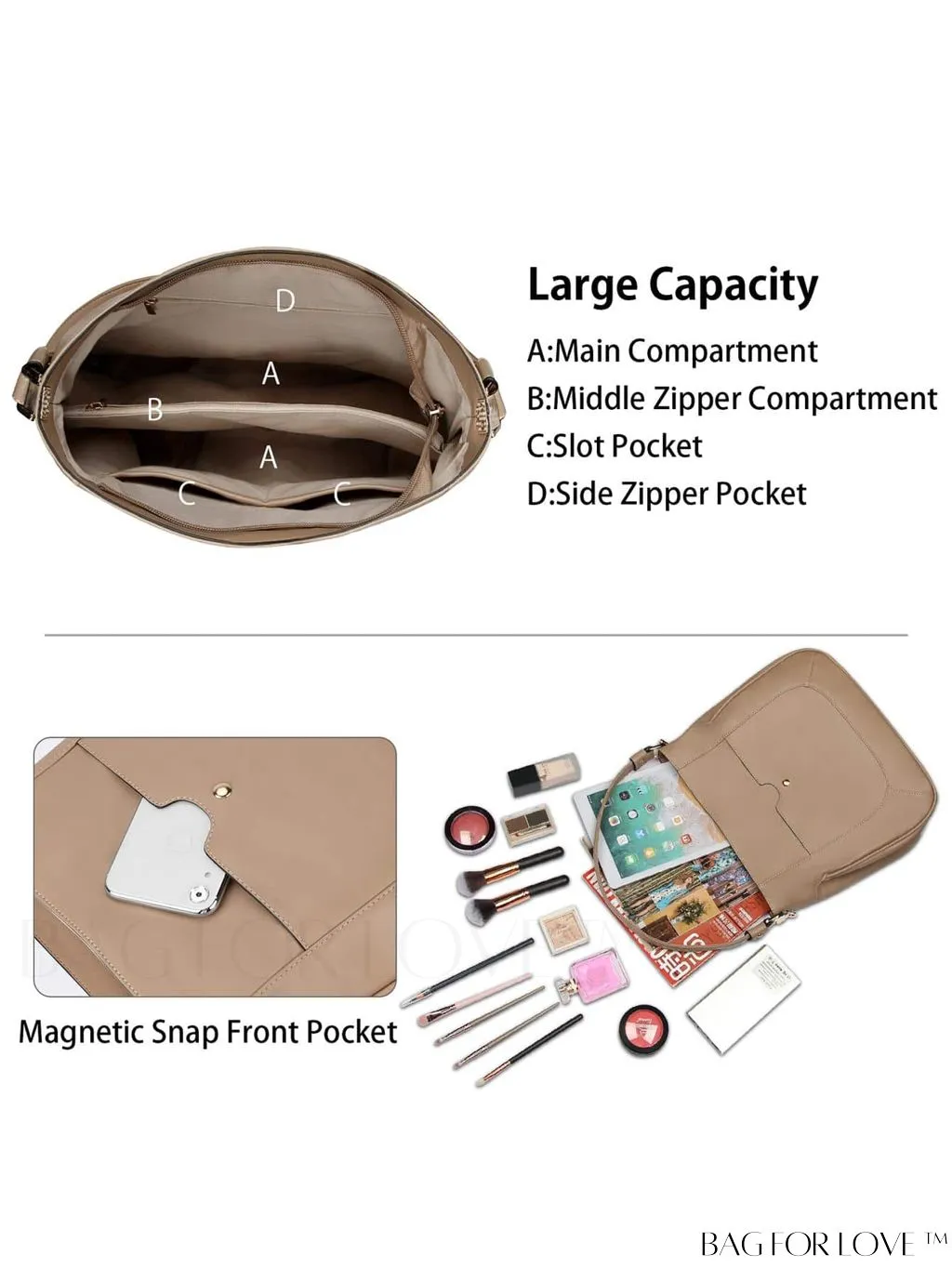BagForLove - Premium Leather Womens Handbags: Stylish, Spacious Tote with Shoulder and Crossbody Options.