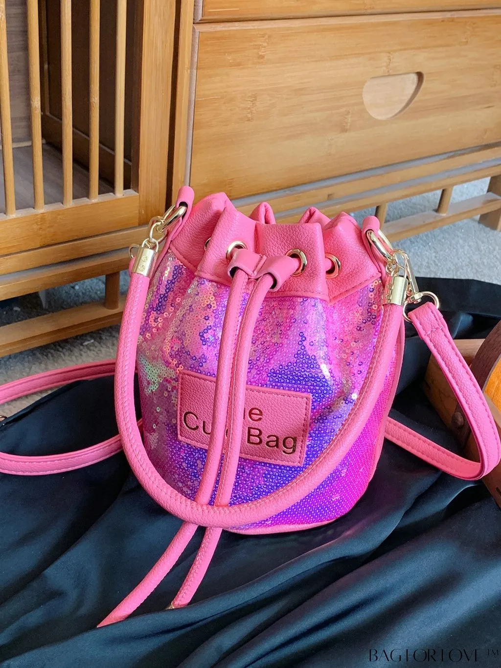 BagForLove - Sequin-Decorated Drawstring Satchel: Fashionable Letter Patch Bucket Bag