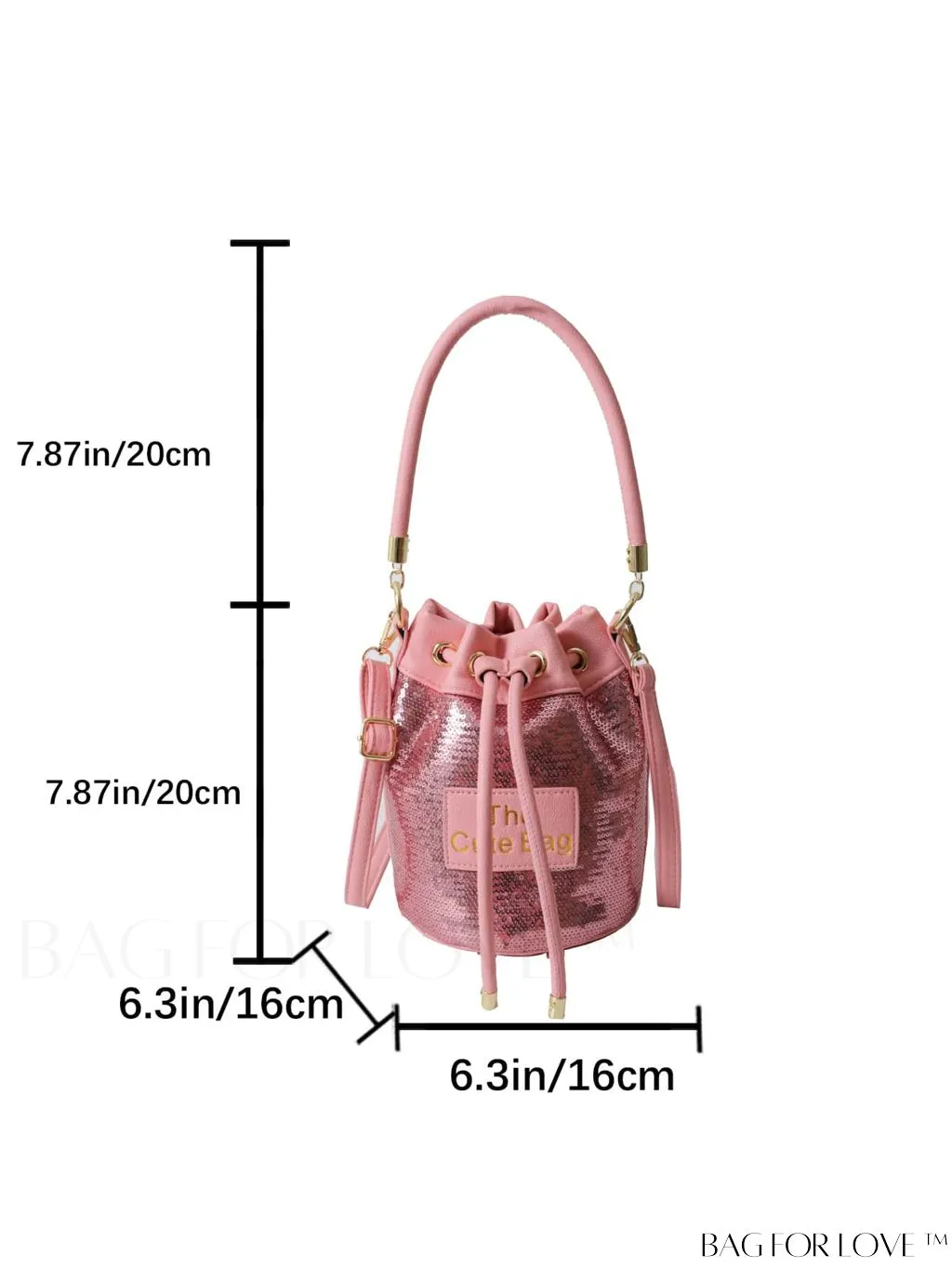 BagForLove - Sequin-Decorated Drawstring Satchel: Fashionable Letter Patch Bucket Bag