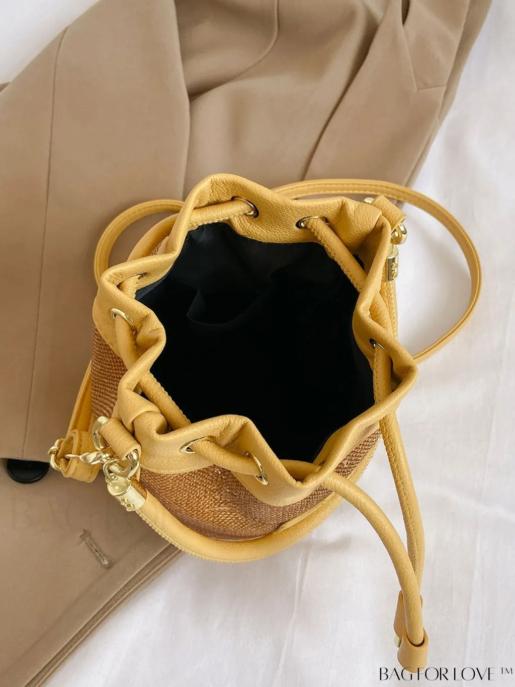 BagForLove - Sequin-Decorated Drawstring Satchel: Fashionable Letter Patch Bucket Bag