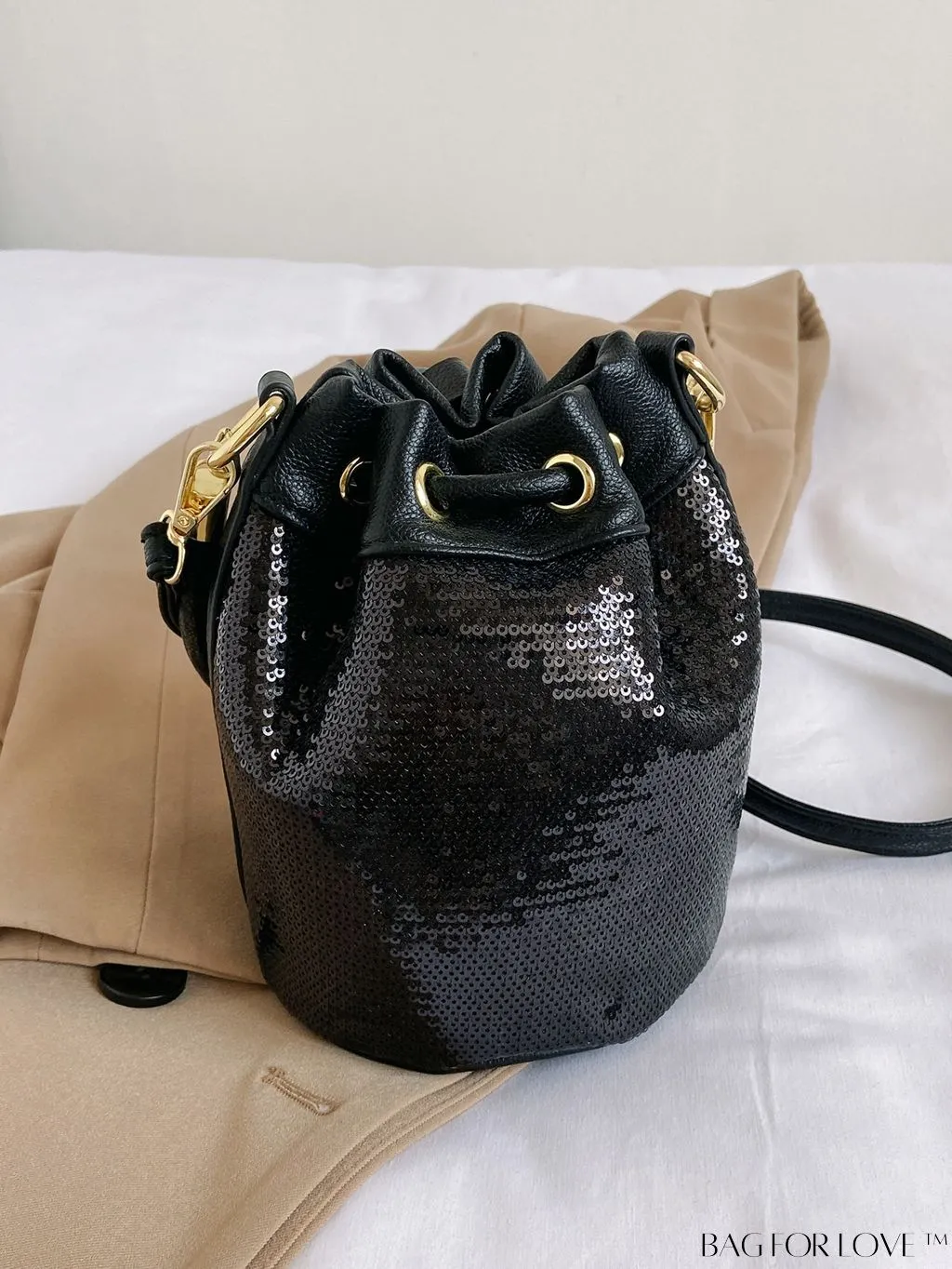BagForLove - Sequin-Decorated Drawstring Satchel: Fashionable Letter Patch Bucket Bag