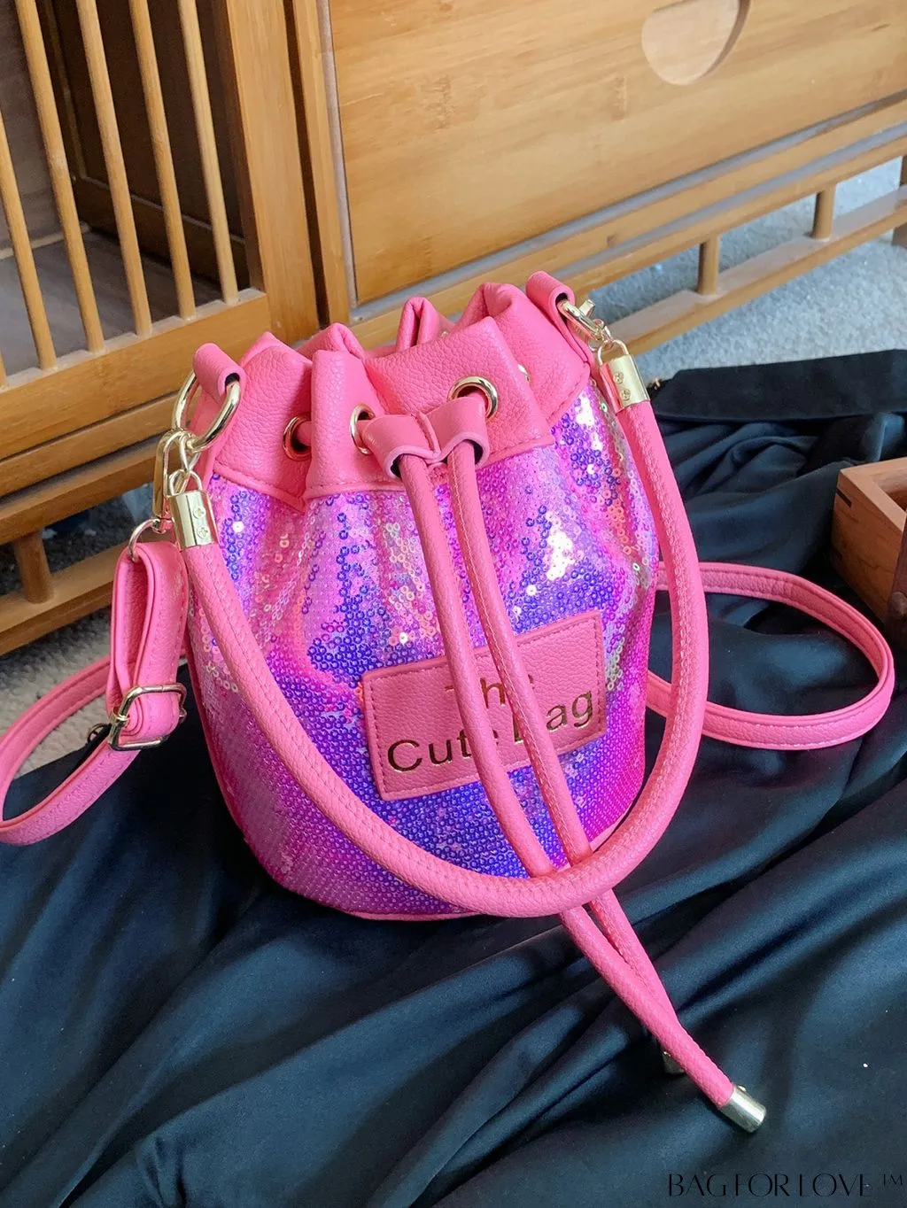 BagForLove - Sequin-Decorated Drawstring Satchel: Fashionable Letter Patch Bucket Bag