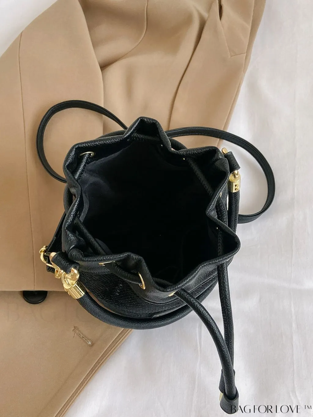 BagForLove - Sequin-Decorated Drawstring Satchel: Fashionable Letter Patch Bucket Bag