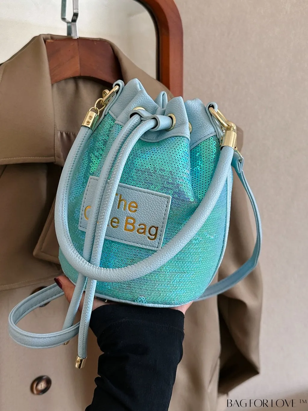 BagForLove - Sequin-Decorated Drawstring Satchel: Fashionable Letter Patch Bucket Bag