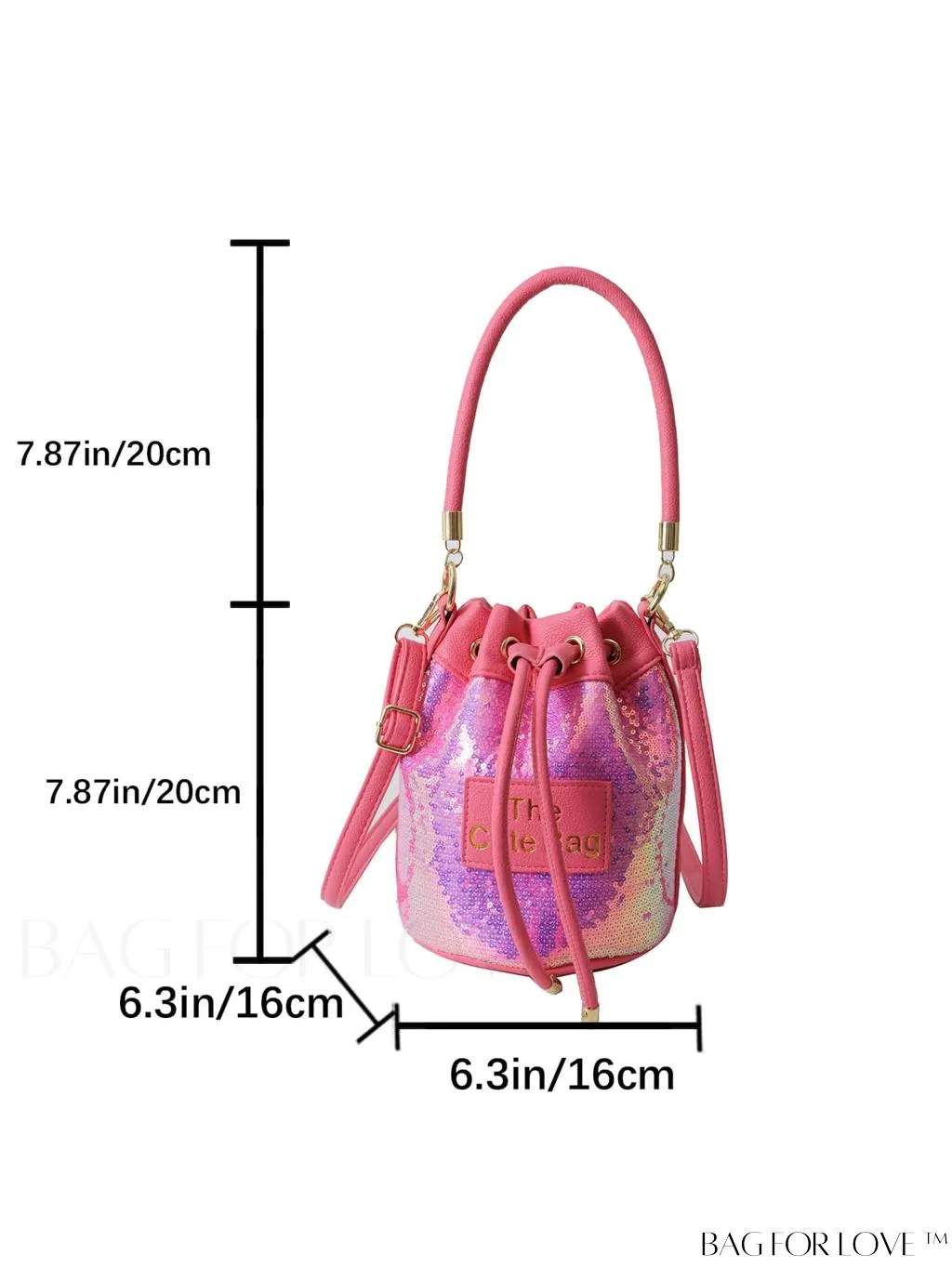 BagForLove - Sequin-Decorated Drawstring Satchel: Fashionable Letter Patch Bucket Bag
