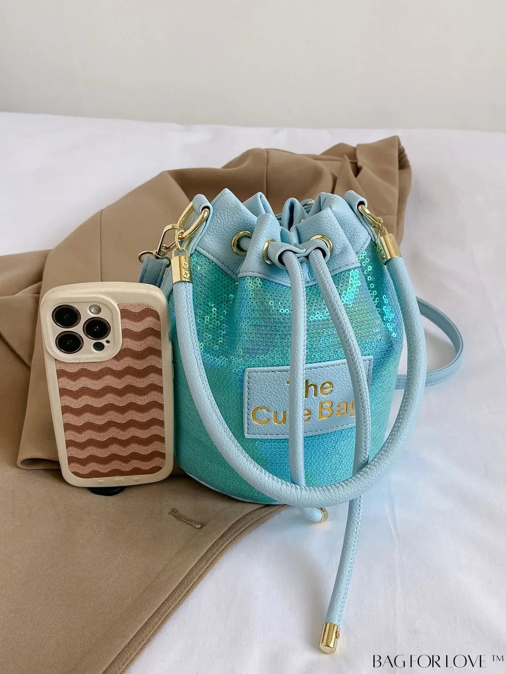 BagForLove - Sequin-Decorated Drawstring Satchel: Fashionable Letter Patch Bucket Bag