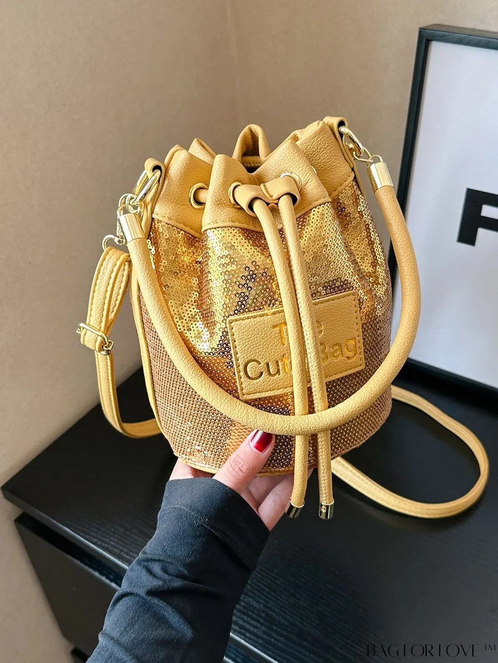 BagForLove - Sequin-Decorated Drawstring Satchel: Fashionable Letter Patch Bucket Bag
