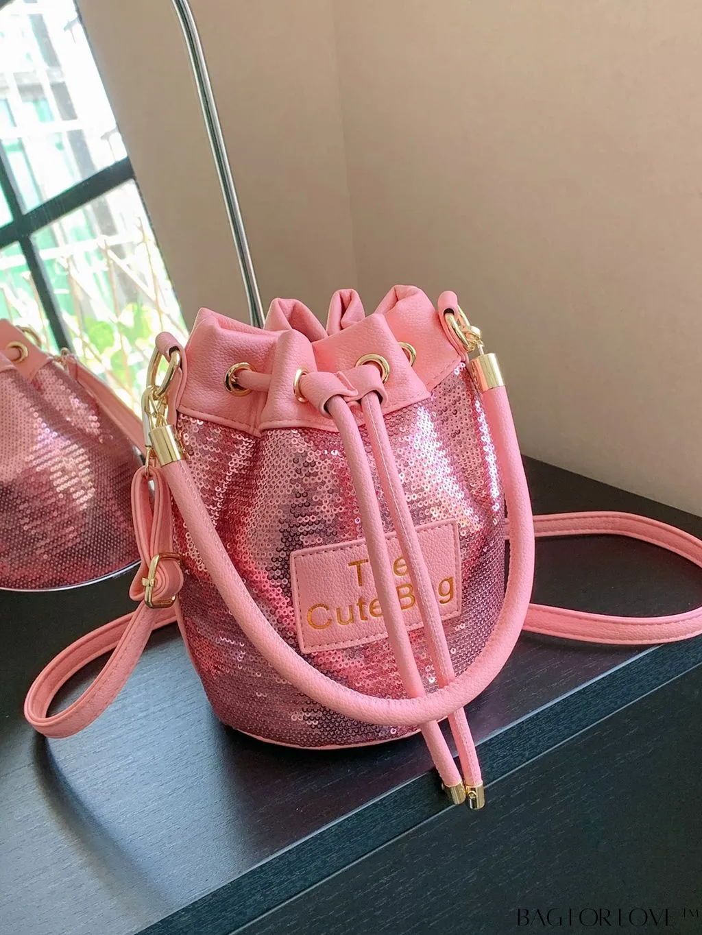 BagForLove - Sequin-Decorated Drawstring Satchel: Fashionable Letter Patch Bucket Bag