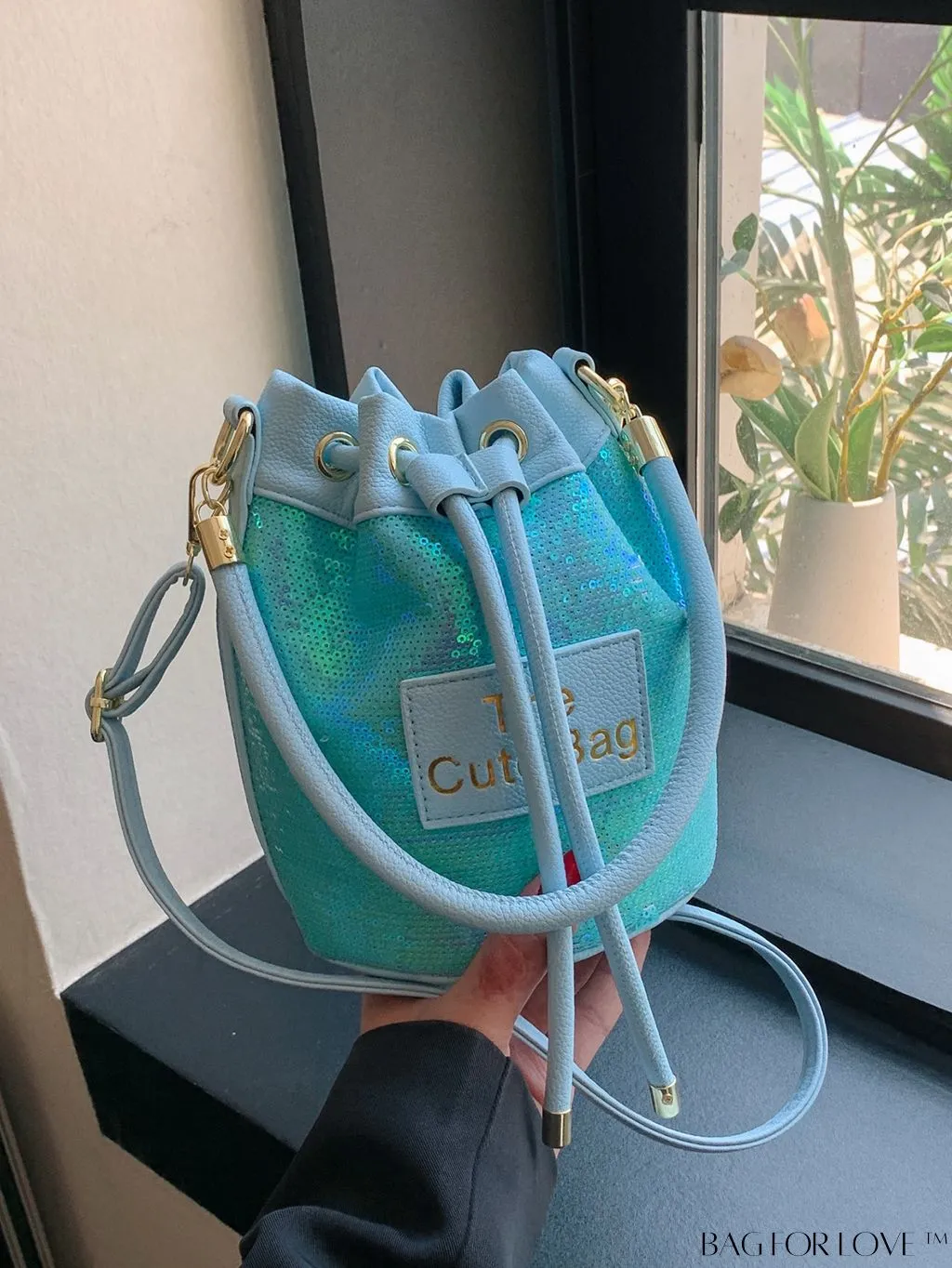 BagForLove - Sequin-Decorated Drawstring Satchel: Fashionable Letter Patch Bucket Bag