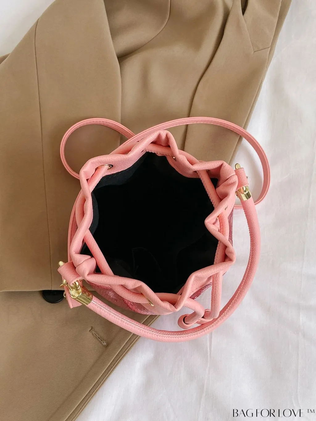 BagForLove - Sequin-Decorated Drawstring Satchel: Fashionable Letter Patch Bucket Bag