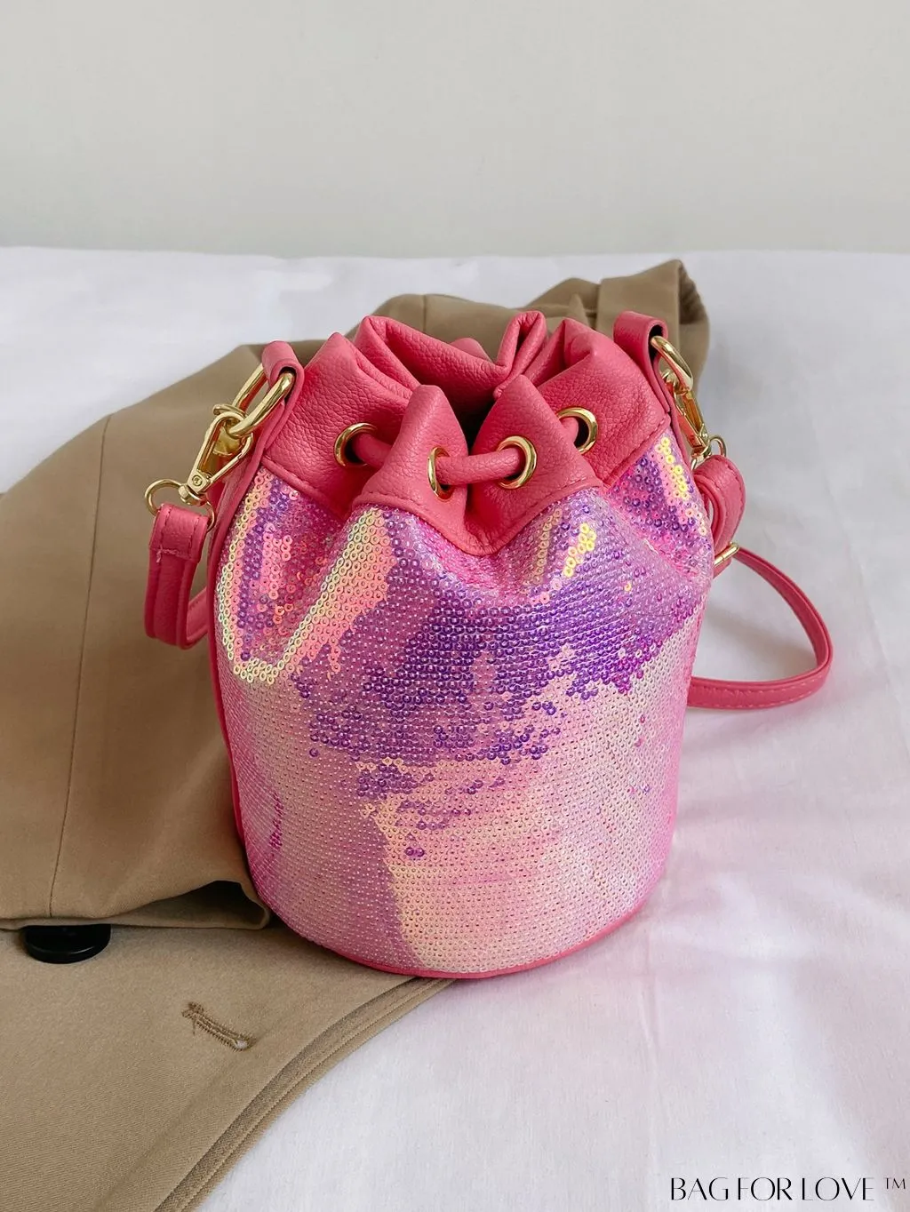 BagForLove - Sequin-Decorated Drawstring Satchel: Fashionable Letter Patch Bucket Bag