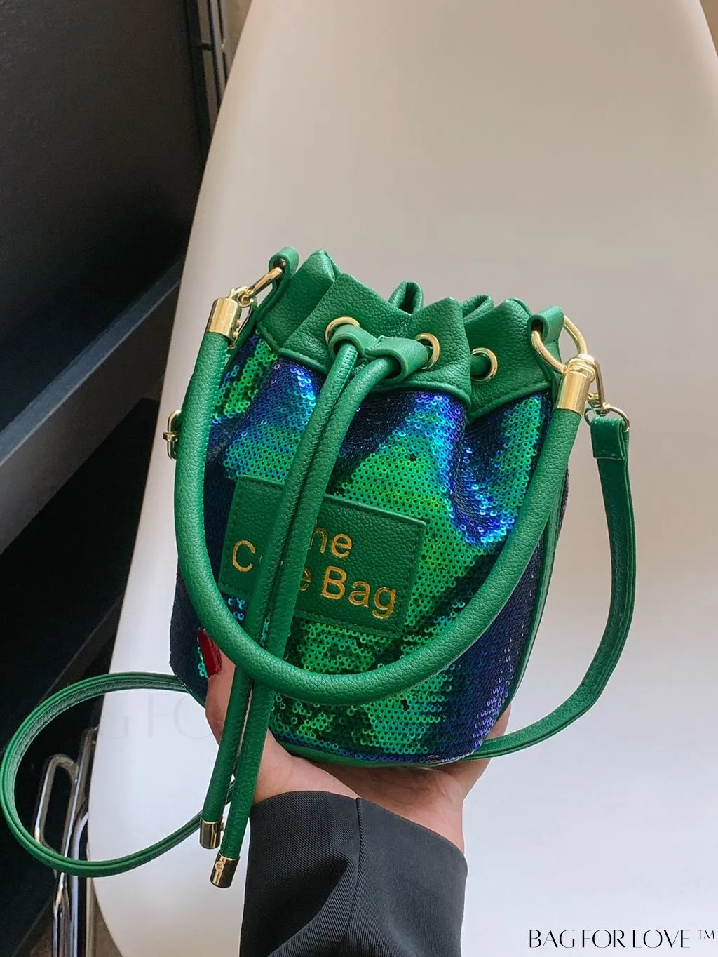 BagForLove - Sequin-Decorated Drawstring Satchel: Fashionable Letter Patch Bucket Bag