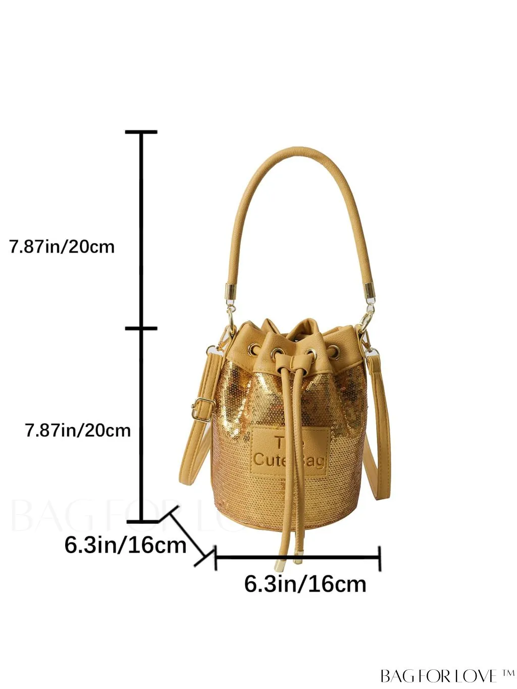 BagForLove - Sequin-Decorated Drawstring Satchel: Fashionable Letter Patch Bucket Bag