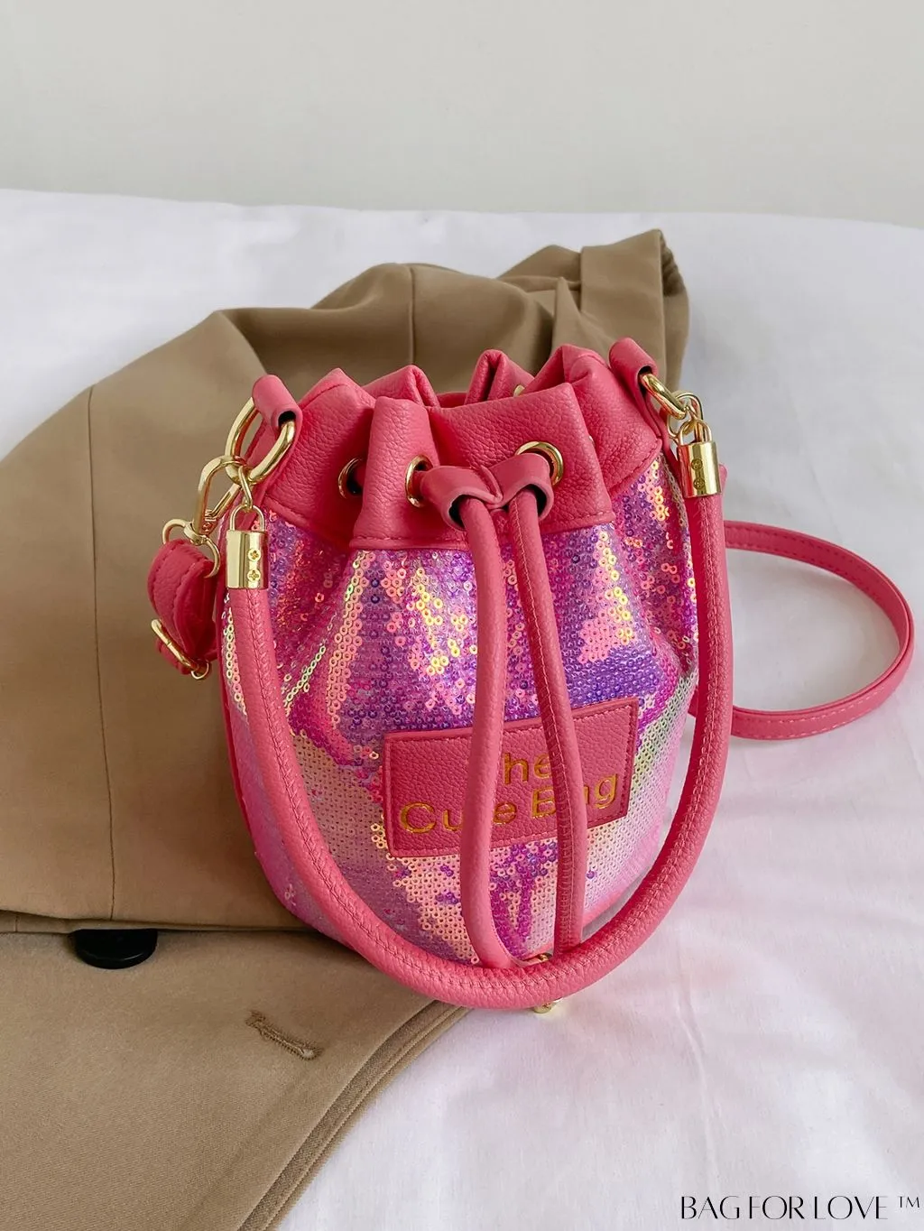 BagForLove - Sequin-Decorated Drawstring Satchel: Fashionable Letter Patch Bucket Bag