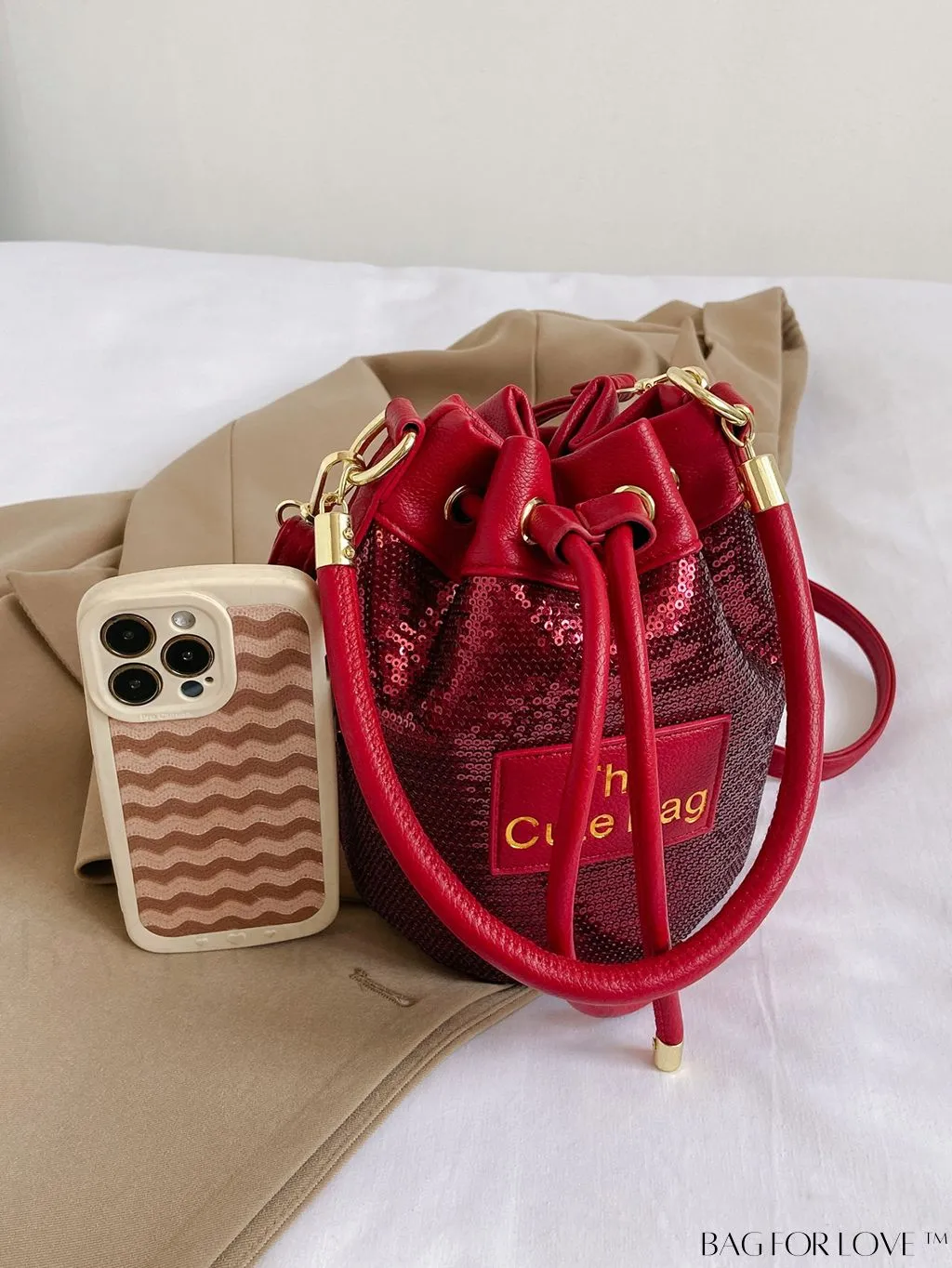 BagForLove - Sequin-Decorated Drawstring Satchel: Fashionable Letter Patch Bucket Bag