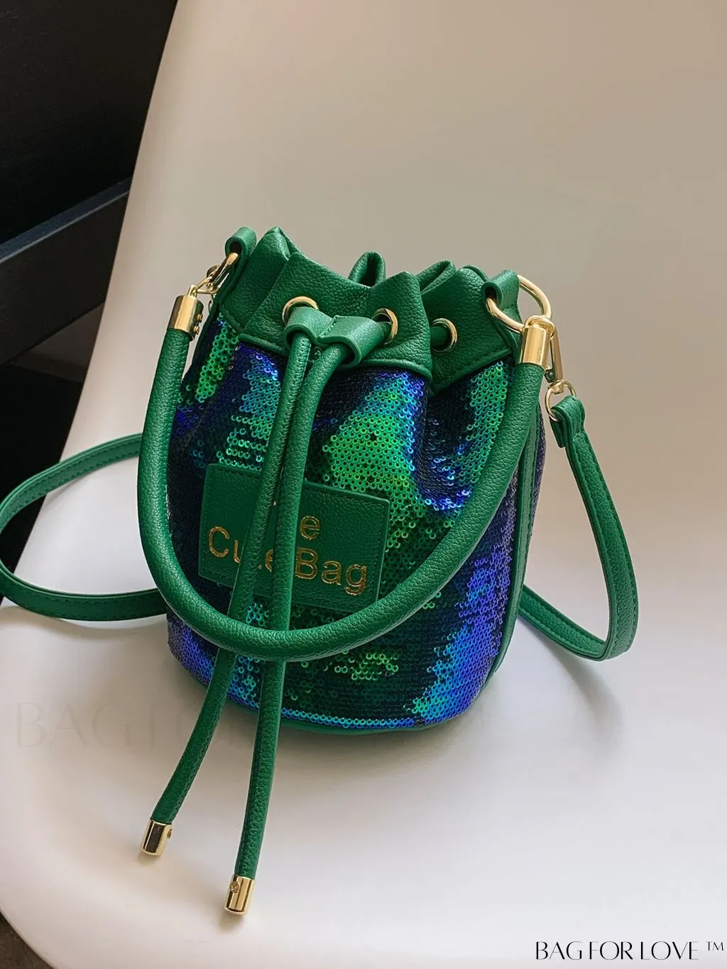 BagForLove - Sequin-Decorated Drawstring Satchel: Fashionable Letter Patch Bucket Bag