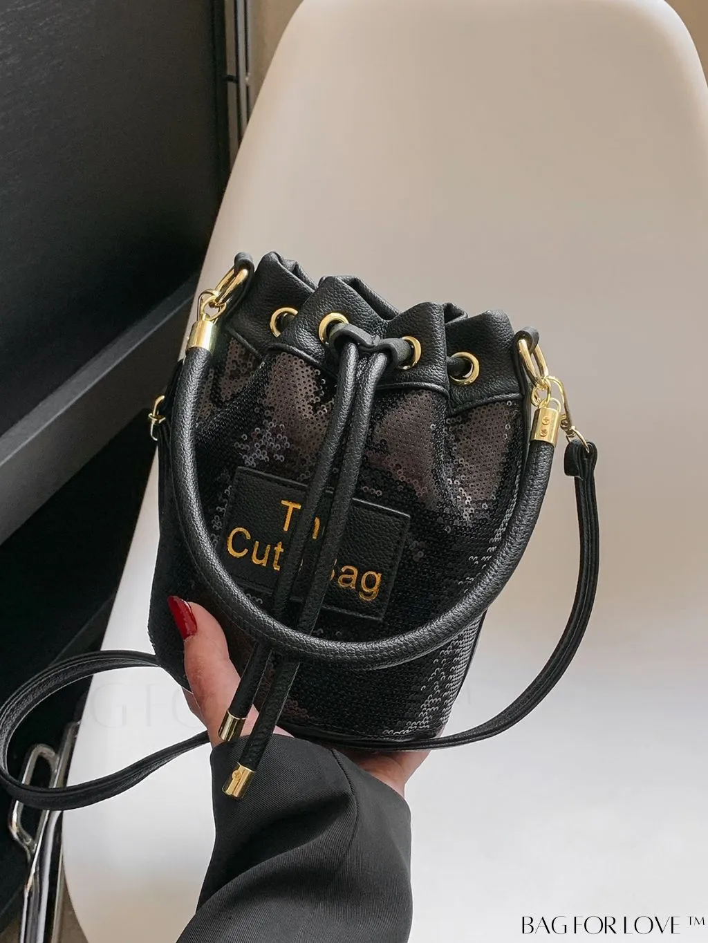 BagForLove - Sequin-Decorated Drawstring Satchel: Fashionable Letter Patch Bucket Bag
