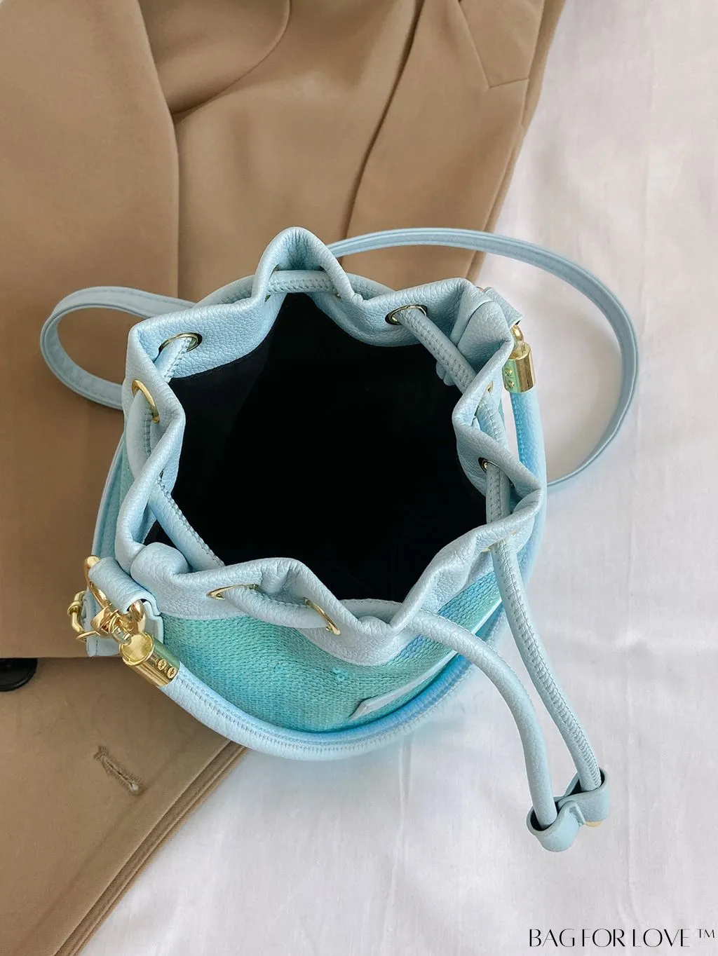 BagForLove - Sequin-Decorated Drawstring Satchel: Fashionable Letter Patch Bucket Bag