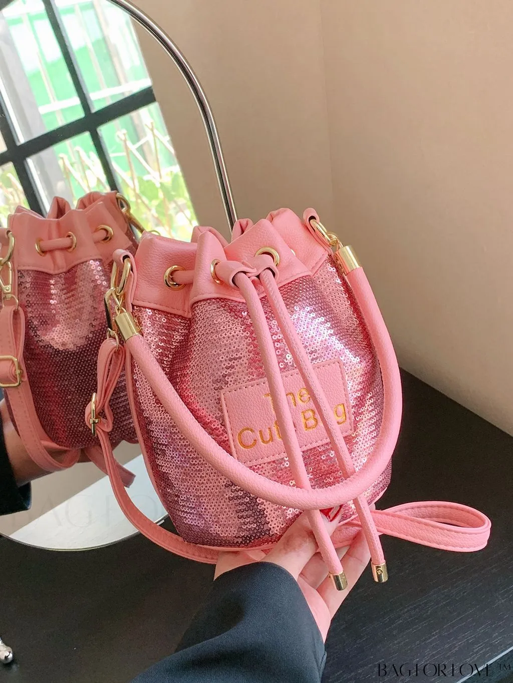 BagForLove - Sequin-Decorated Drawstring Satchel: Fashionable Letter Patch Bucket Bag