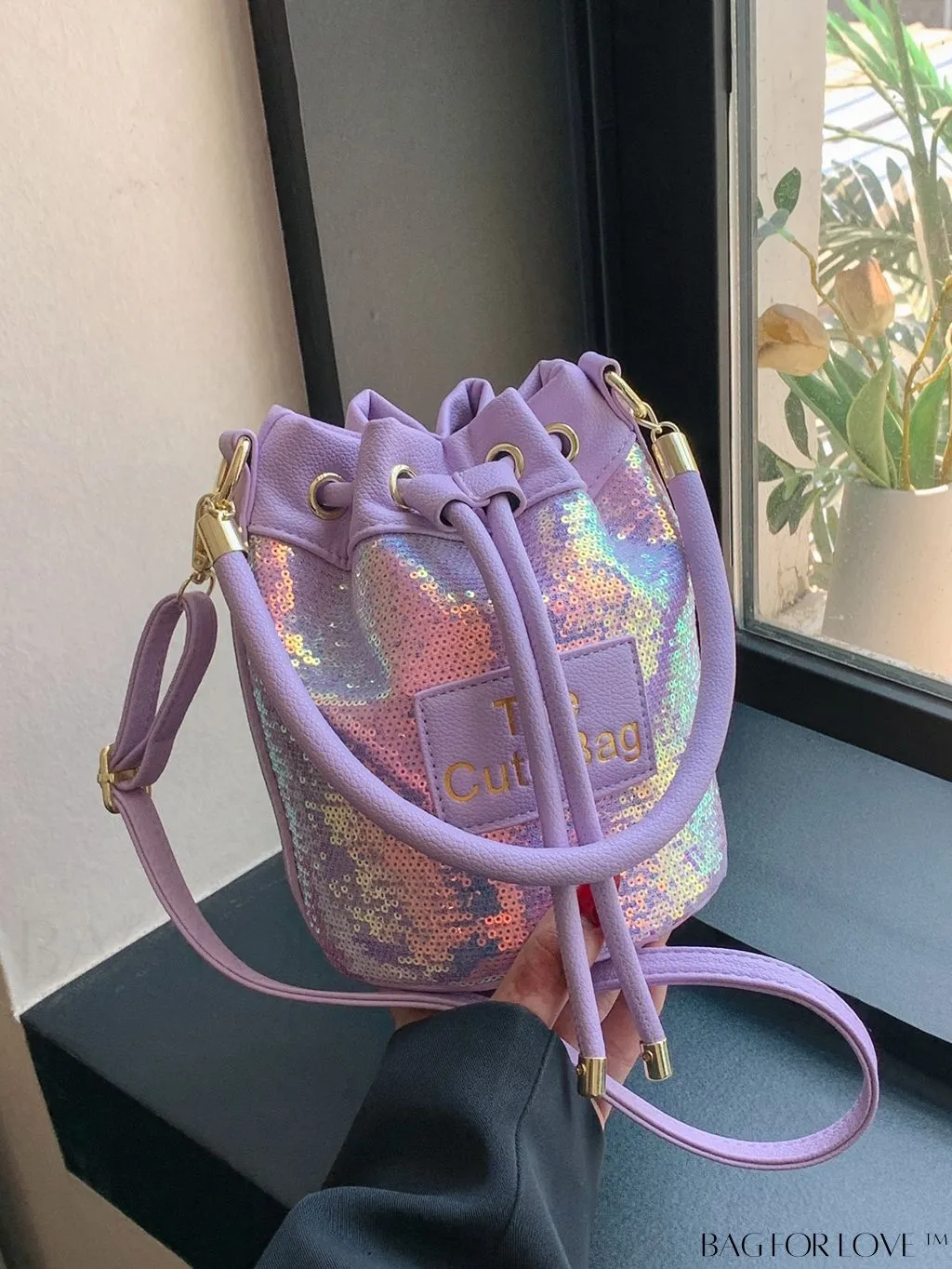 BagForLove - Sequin-Decorated Drawstring Satchel: Fashionable Letter Patch Bucket Bag
