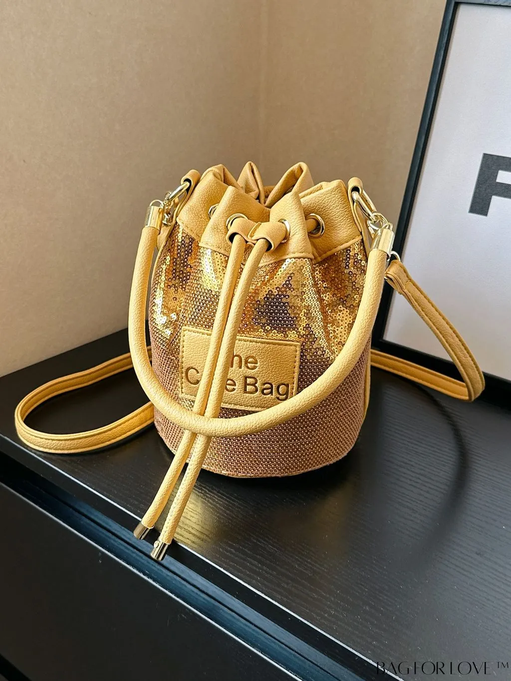 BagForLove - Sequin-Decorated Drawstring Satchel: Fashionable Letter Patch Bucket Bag