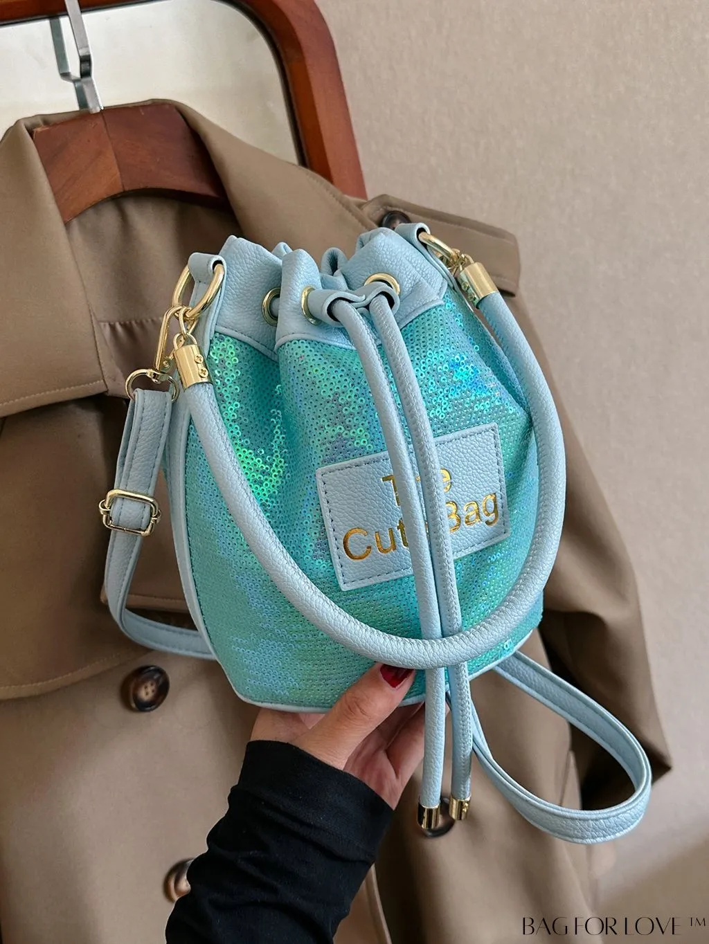 BagForLove - Sequin-Decorated Drawstring Satchel: Fashionable Letter Patch Bucket Bag