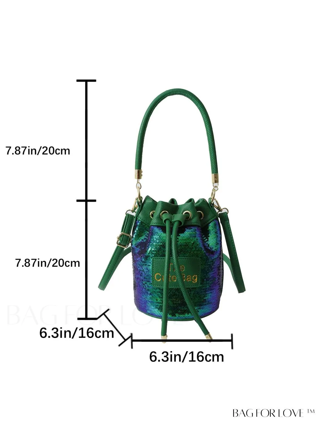 BagForLove - Sequin-Decorated Drawstring Satchel: Fashionable Letter Patch Bucket Bag