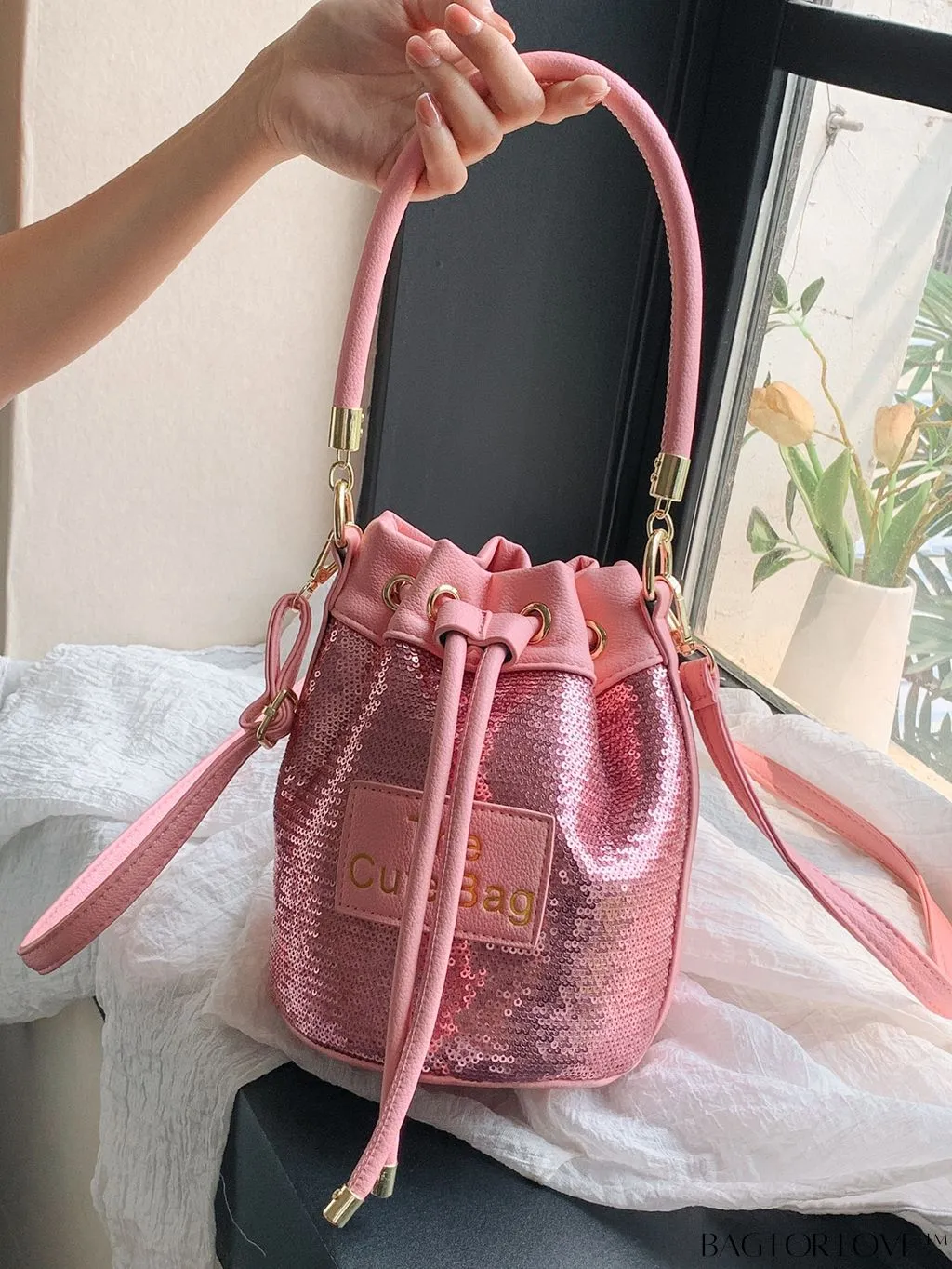 BagForLove - Sequin-Decorated Drawstring Satchel: Fashionable Letter Patch Bucket Bag