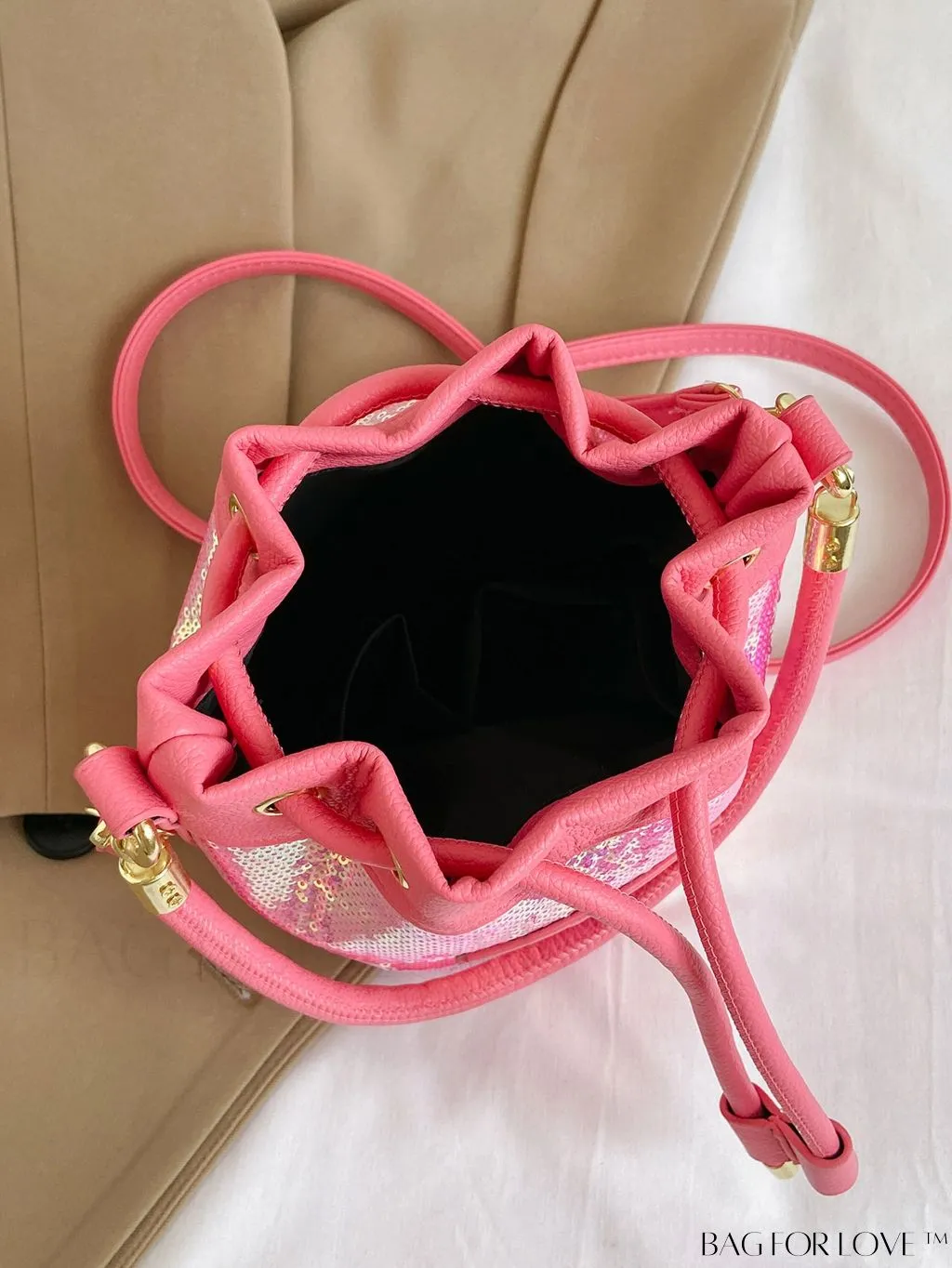 BagForLove - Sequin-Decorated Drawstring Satchel: Fashionable Letter Patch Bucket Bag